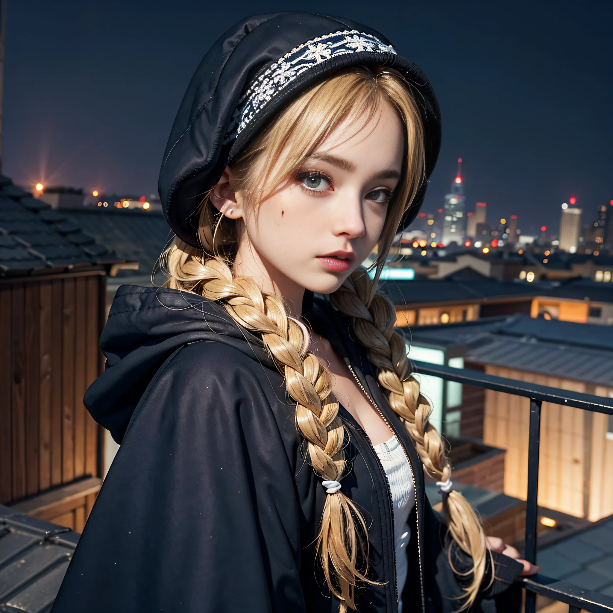 Warm color environment，Rooftop，the night，Blonde girl，length hair，Small braids on both sides，Blue-white headband，Dressed in a white hooded cloak，Medium build，Moles under eyes，Detailed background，with great detail