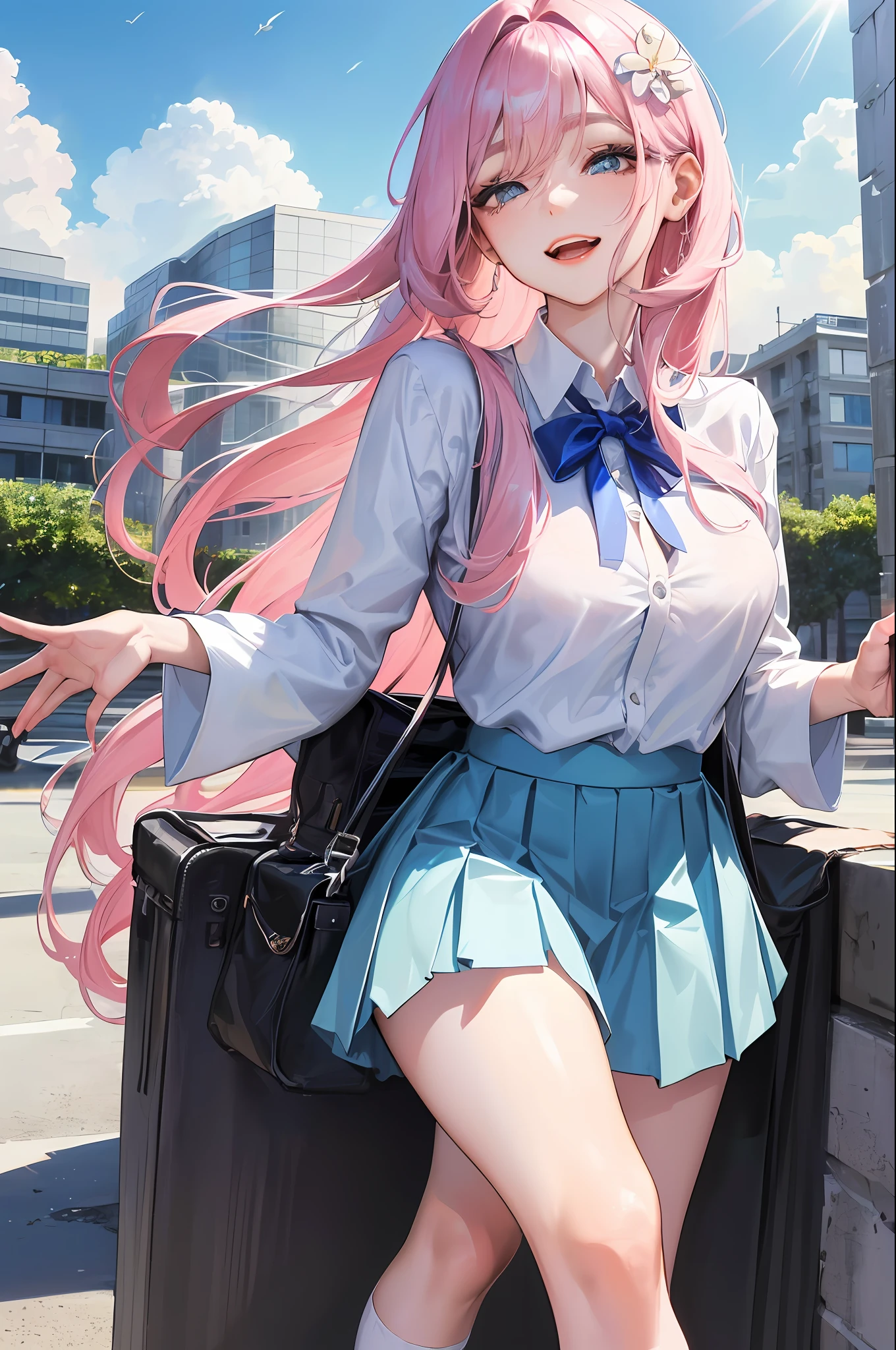 official art, masterpiece, sharp focus, (beautiful gorgeous cute korean woman:1.3), (beautiful cute korean woman:1.3), korean beauty, delicate and beautiful hair and eyes and face, realistic, super detailed, beauty girl, blue sky, glow white particles, (side light: 1.2), sunshine, white clouds, fine clouds, slender, pretty breasts and big buttocks, smile with teeth, ((laugh with eyes, open both eyes )), scenery, long straight hair, sexy look, buildings, (cityscape: 1.7), dynamic hair, long straight hair, detailed platinum pink hair, sparkling blue eyes, (blue pleated shirt + white skirt) , white long socks, white skin, hair ornaments, magnificent scenery,