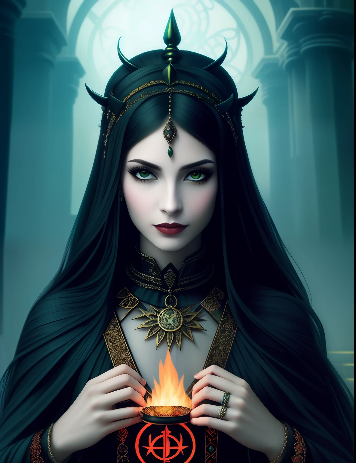 Cigana do oriente cabelo cacheado longo preto, pele lisa, holding tarot cards, olhos verdes, olhando de frente,