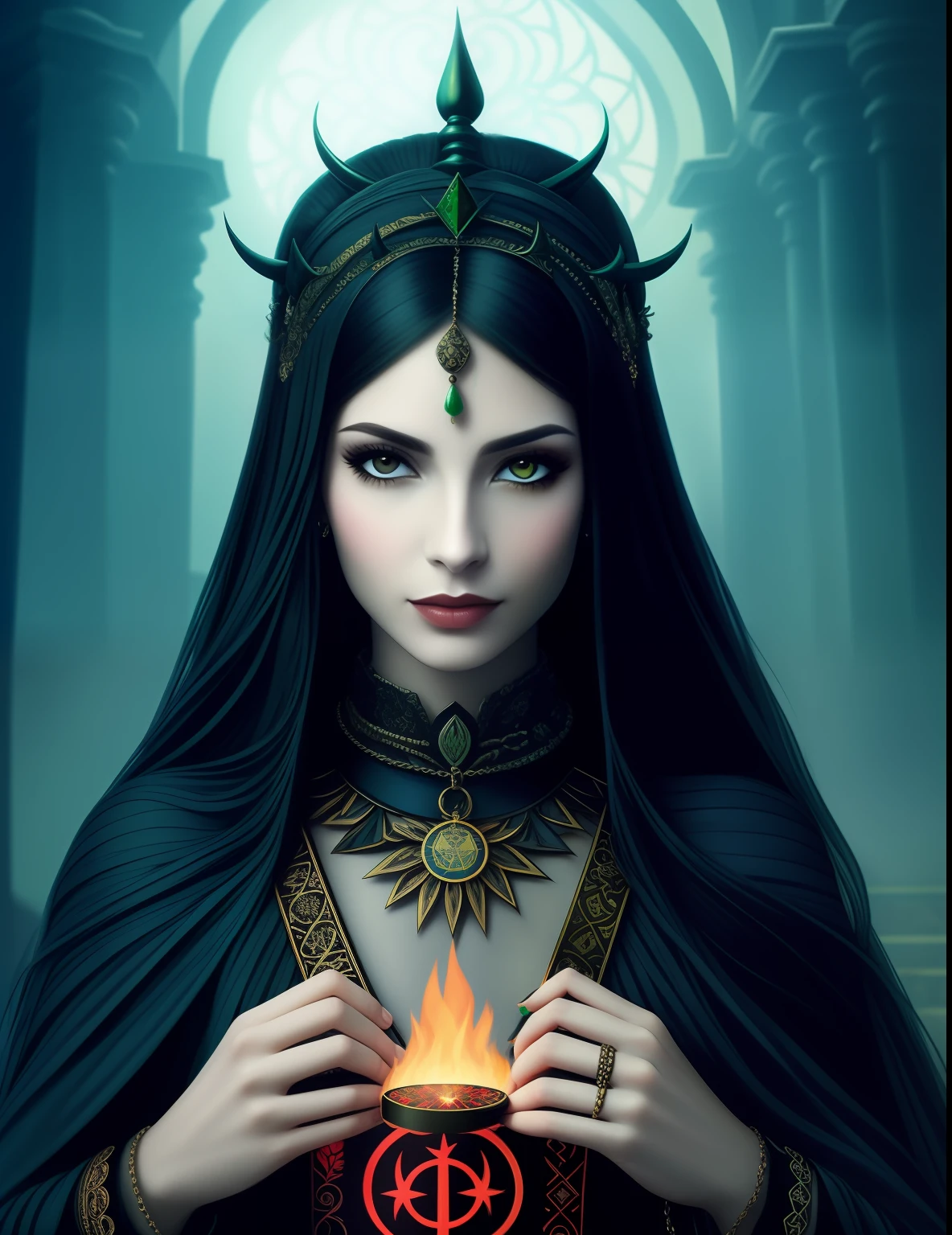 Cigana do oriente cabelo cacheado longo preto, pele lisa, holding tarot cards, olhos verdes, olhando de frente,