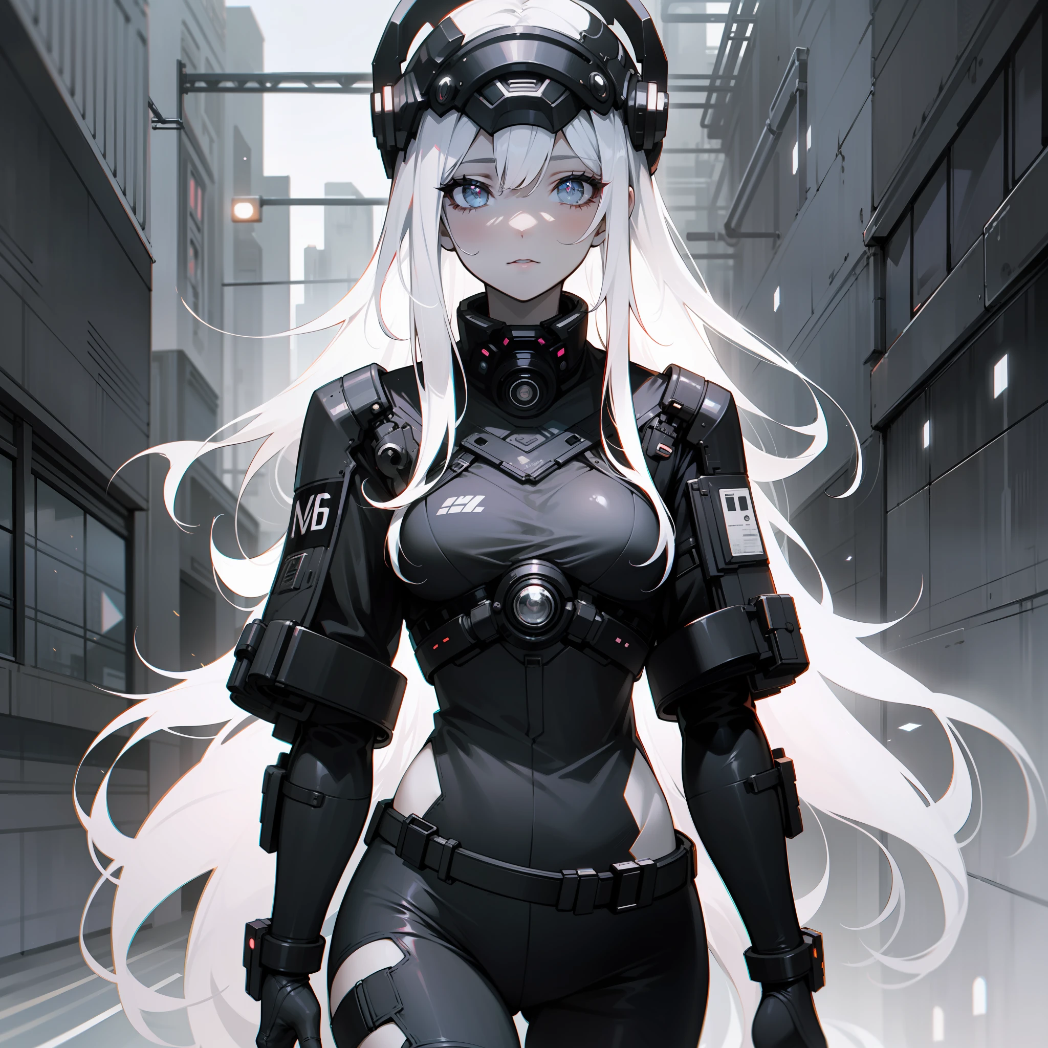 (masterpiece), best quality, black and white, street style, urban decay, (cyberpunk OR sci-fi) theme, a beautiful girl with long white hair walking at night, sparkling eyes, detailed hair, highlights on certain areas, monochromatic color scheme.