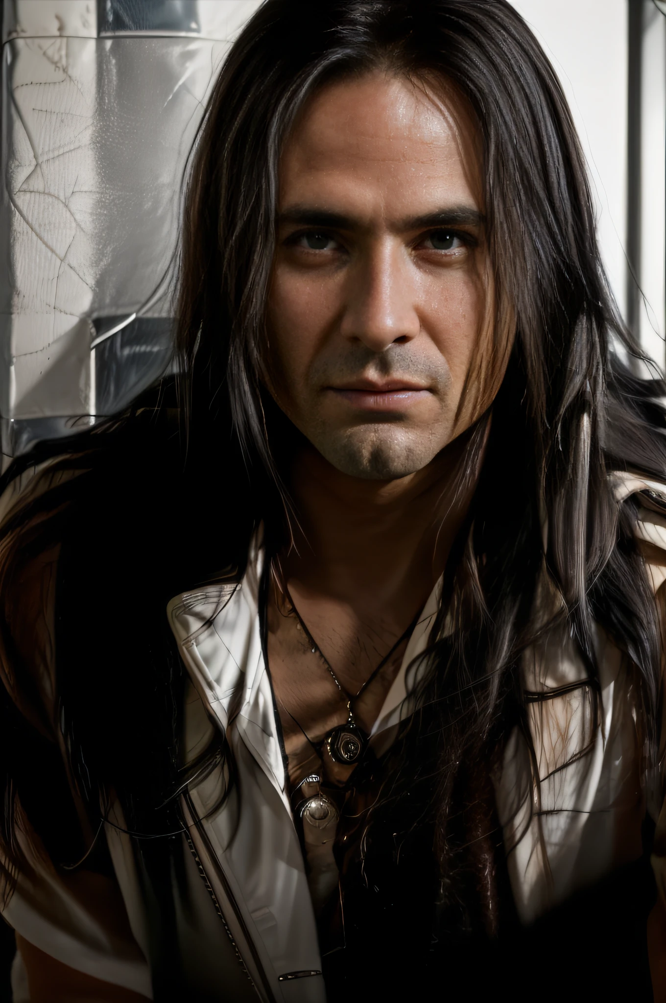 A portrait of a man with long black hair, UHD, 8K