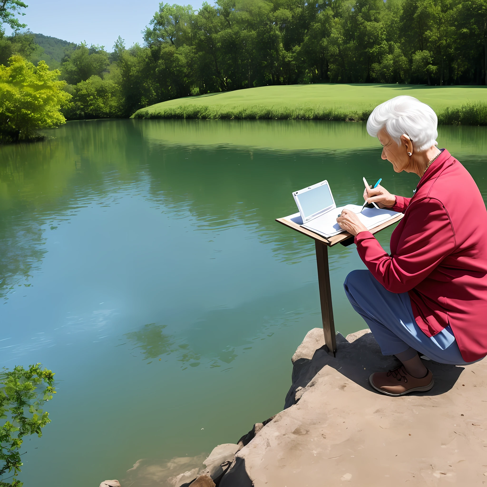 Elderly woman writing near the lake --auto