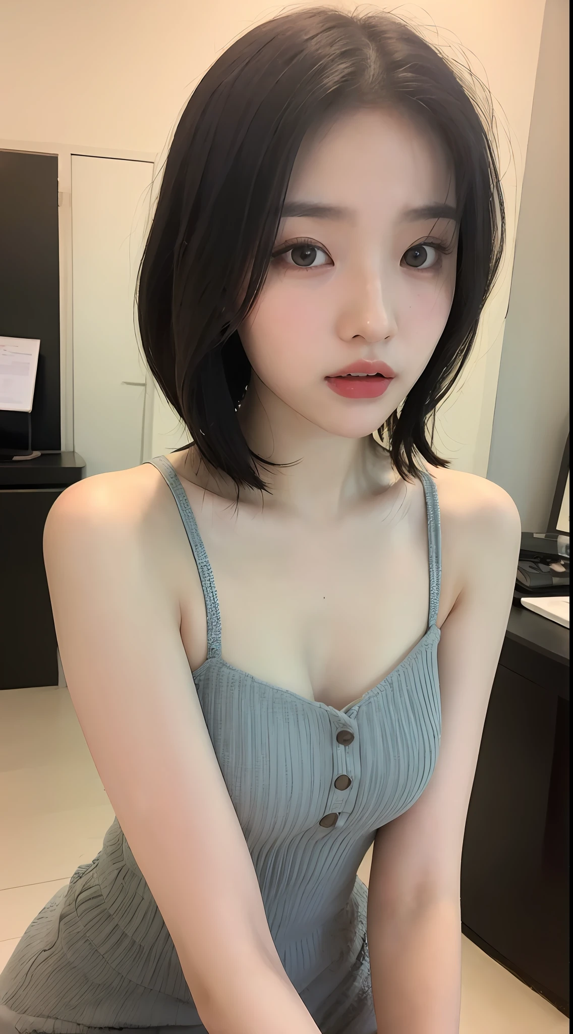 ((品质最佳, 8K, 巨作 :1.3)), Sharp focus :1.2, ((short shoulder length hair:1.2)), (Lolita costume:1.1 ), (inside room:1.2), Highly detailed facial and skin texture, detailed eye, 双眼皮,Close-up,Seductive expressions,mischievous expression,Eyes are confused,Titillating,