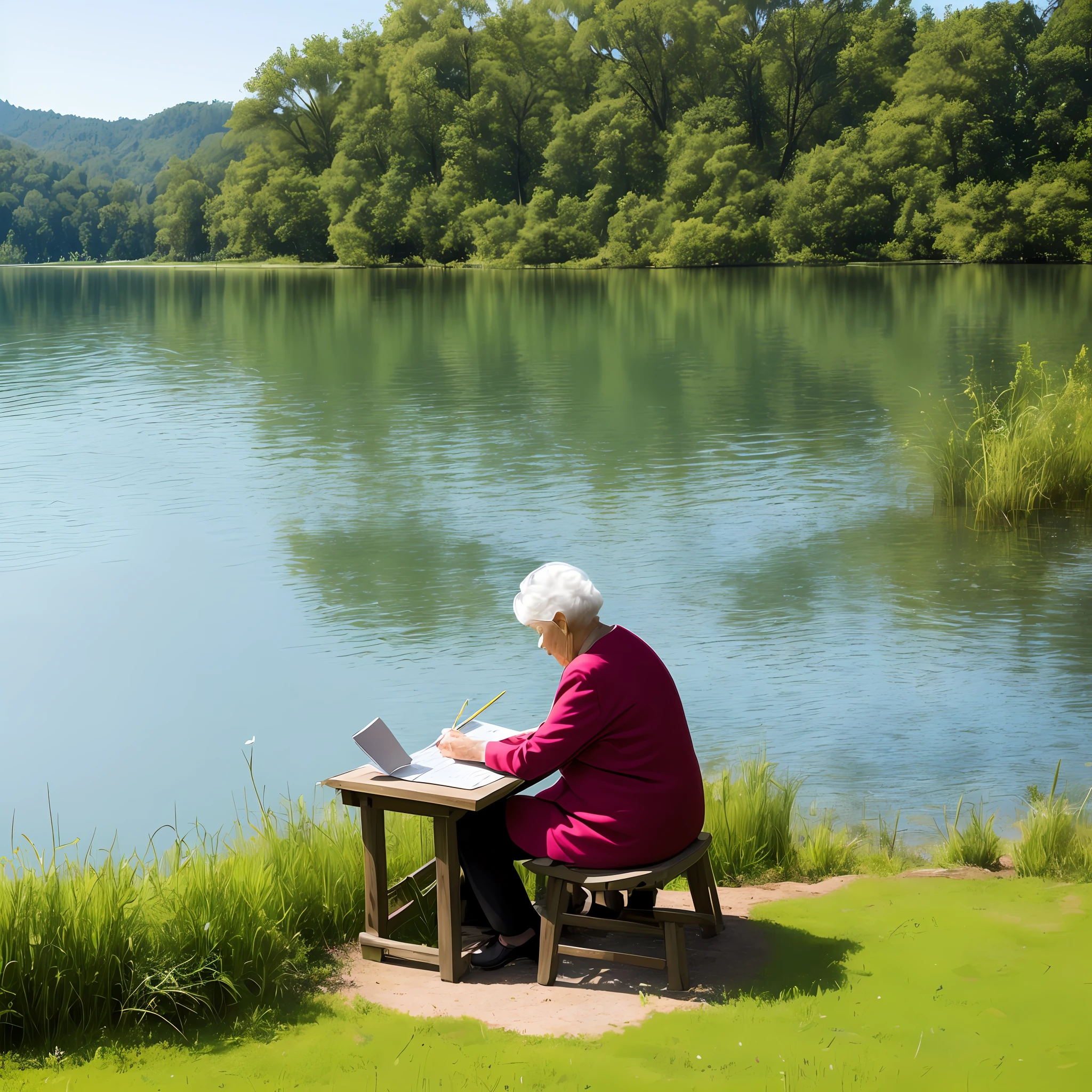 Elderly woman writing near the lake --auto