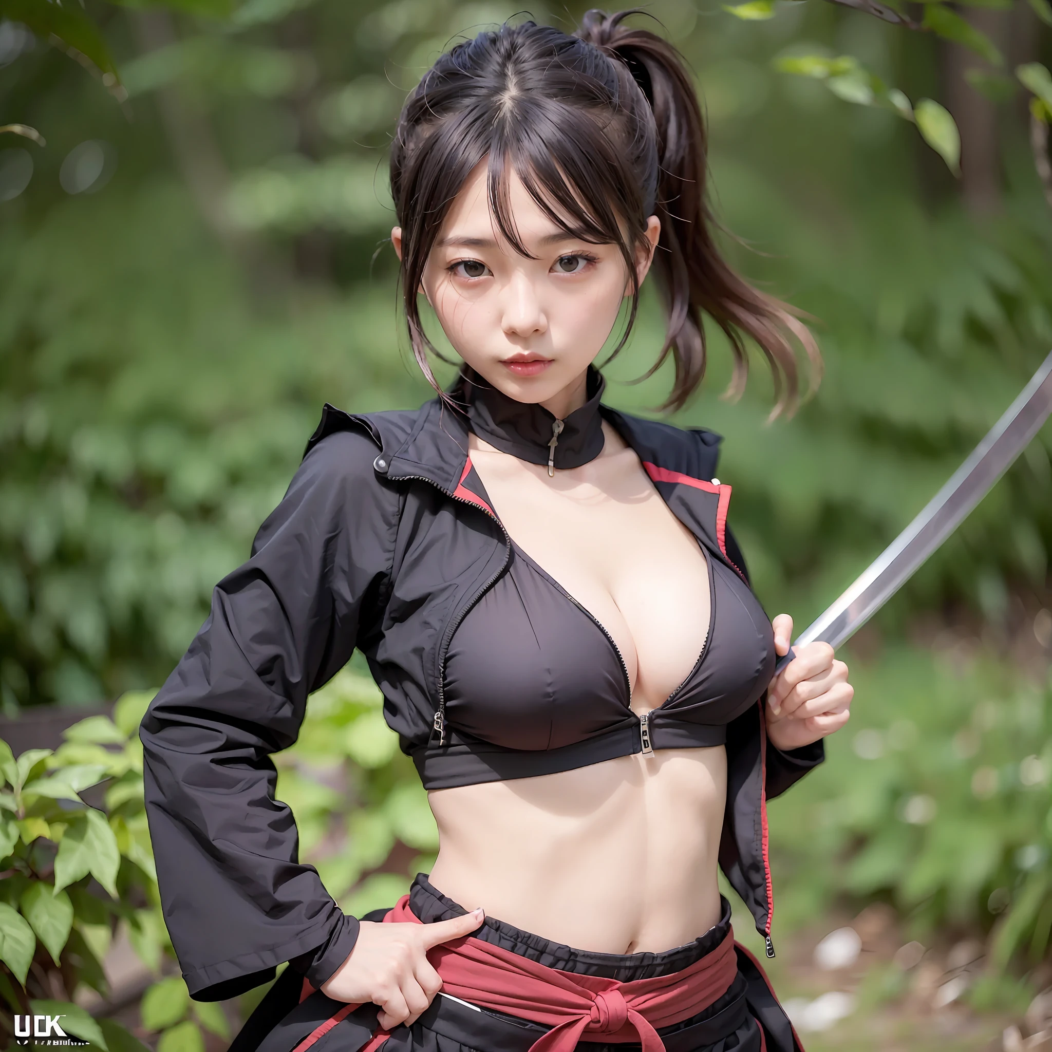 (Best quality, 8K, 32K, masutepiece, UHD:1.2), 2girls, long shot,beautiy Japanese woman, narrowwaist, Kunoichi, fighting, Open jacket, ninjas, random breast, Detailed face, Long ponytail,have ninja katana、intense action、zettairyoiki