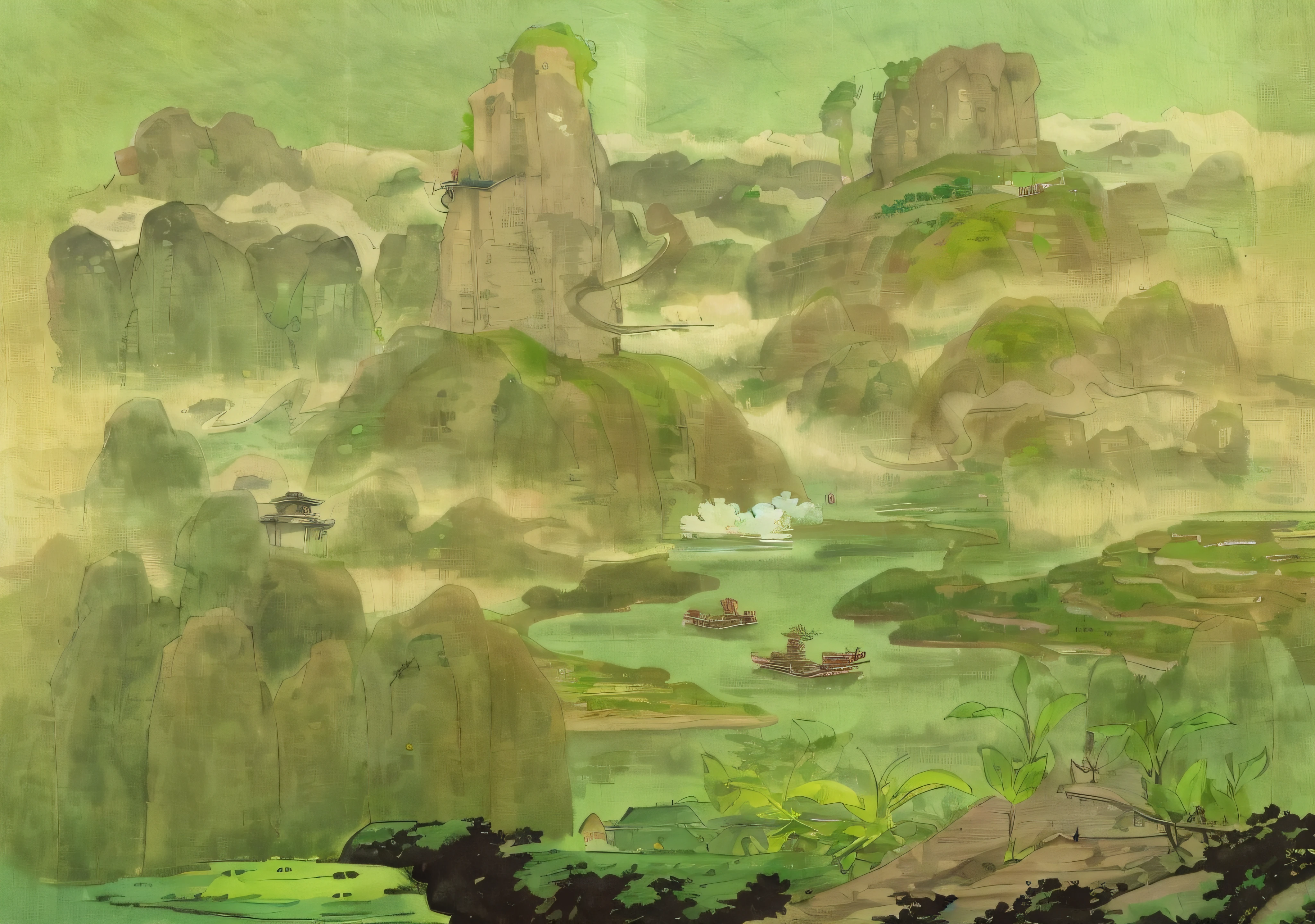 Surrounded by the green peaks of Wuyi Mountain，Lin Hai is vast，Green mountains and clear waters，Wonderland in general。The picture is bright and clear， Sharply defined，sanshoku、shuicolor、The clouds and mist mingle， Ancient buildings stand in between，Historical sites carry a lot of weight。Tea leaves and bamboo rafts flow skillfully in the picture， Liven up the picture。Portray the details，crisp edges，Make people feel like they are there。The sky is blank and cloudy, and the sky is blue。