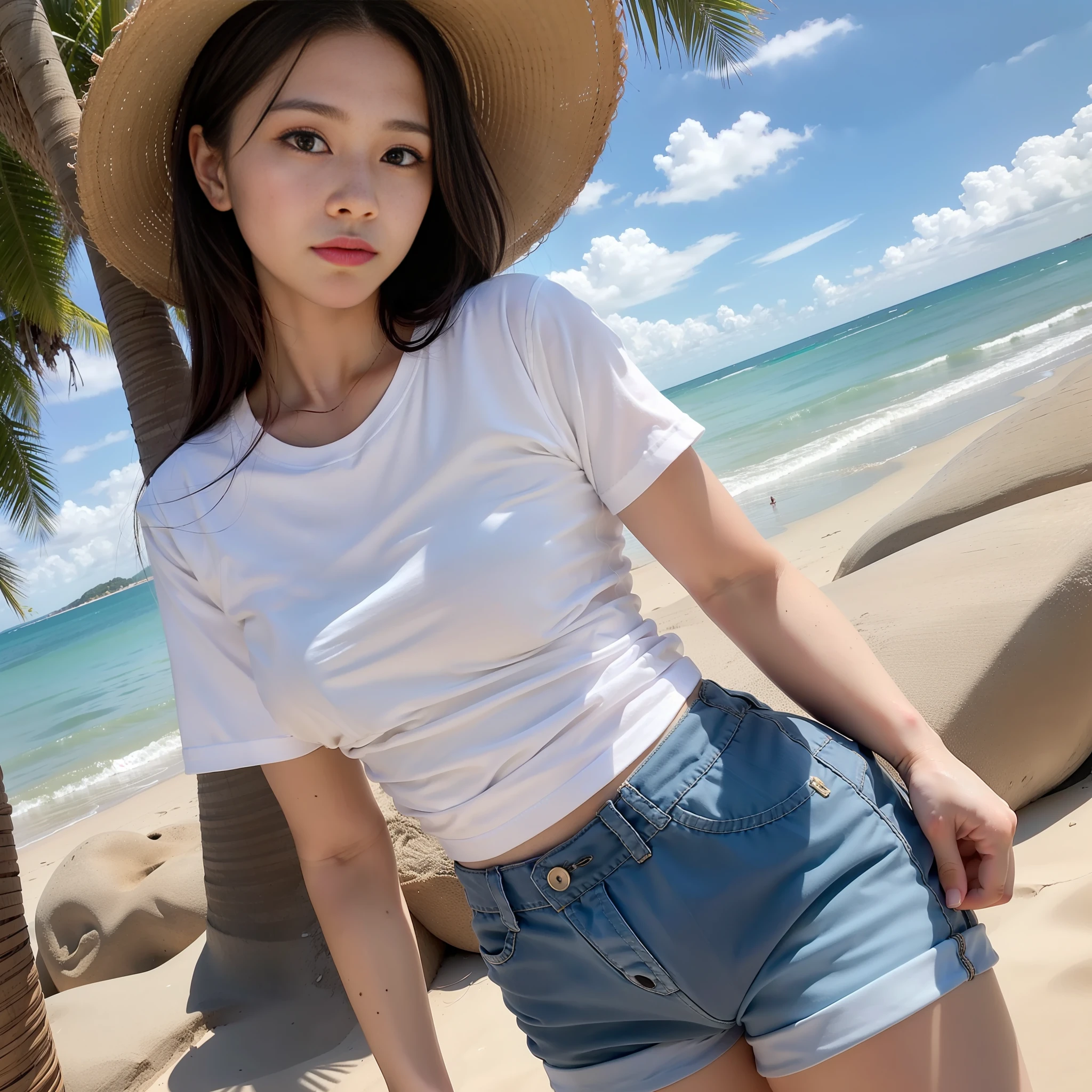 Small breasts, Shirt, beach, Short sleeves, Sky, Long hair, Shorts, White shirt, Black hair, Cowboy Shot, Nose,Eyes are corrected to natural size, breasts are small, ultra-high-quality, 8K, Smooth, Natural texture