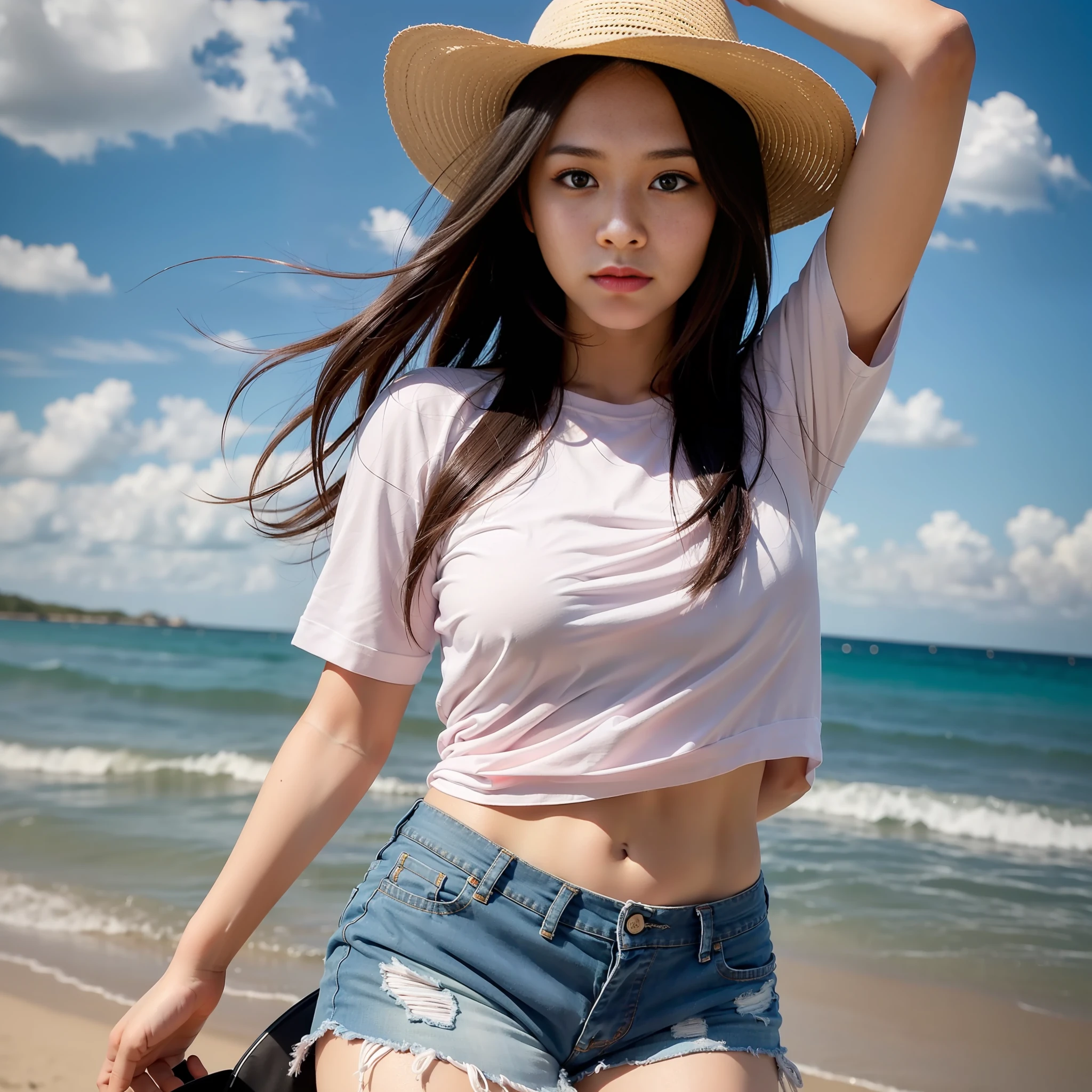 Small breasts, Shirt, beach, Short sleeves, Sky, Long hair, Shorts, White shirt, Black hair, Cowboy Shot, Nose,Eyes are corrected to natural size, breasts are small, ultra-high-quality, 8K, Smooth, Natural texture