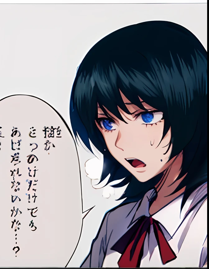 a anime of a girl close up with short hair, blue eyes, black hair, women's tie, open mouth, sweat, shocked, color manga, manga color, color manga, color manga panel, simple background, a white background