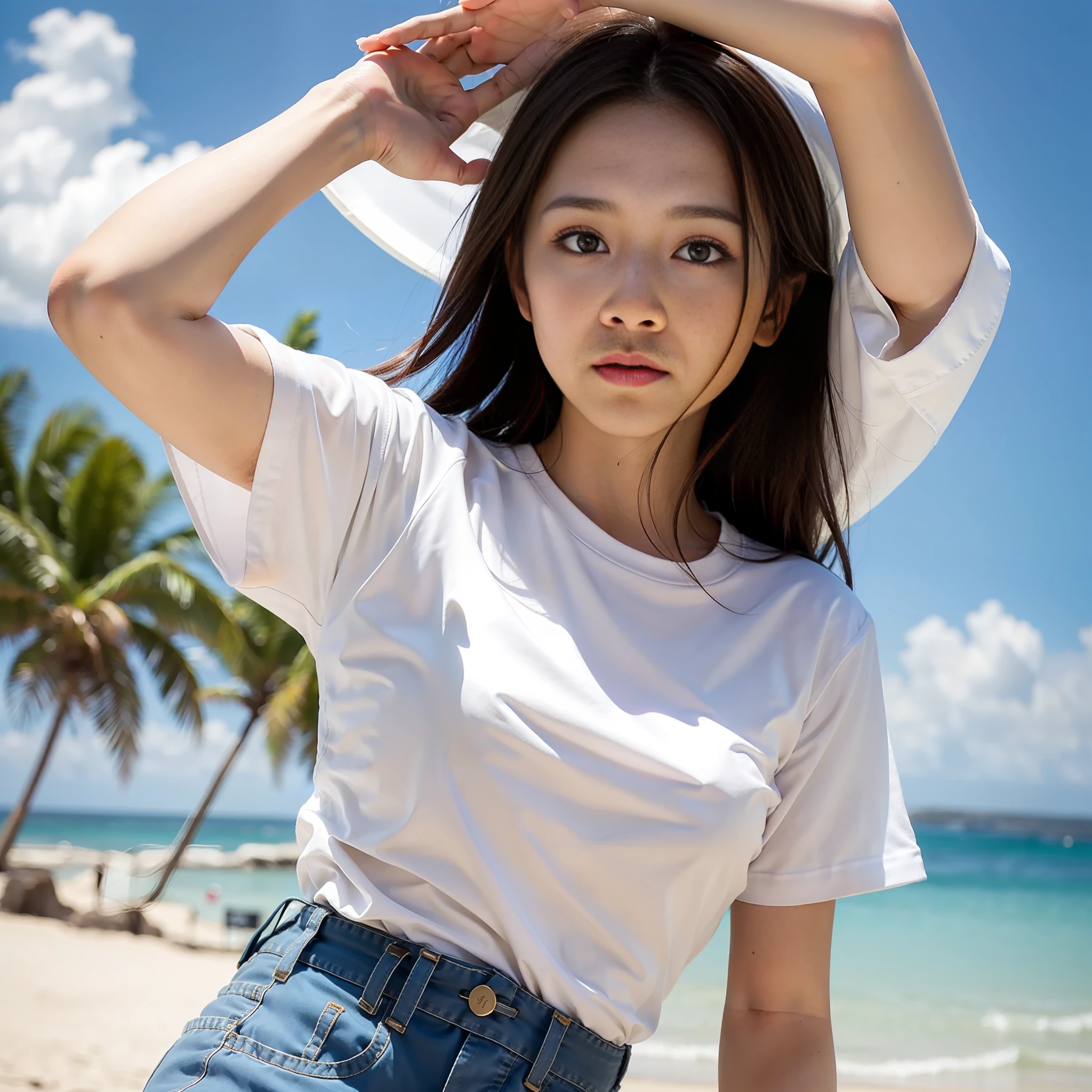 Small breasts, Shirt, beach, Short sleeves, Sky, Long hair, Shorts, White shirt, Black hair, Cowboy Shot, Nose,Eyes are corrected to natural size, breasts are small, ultra-high-quality, 8K, Smooth, Natural texture