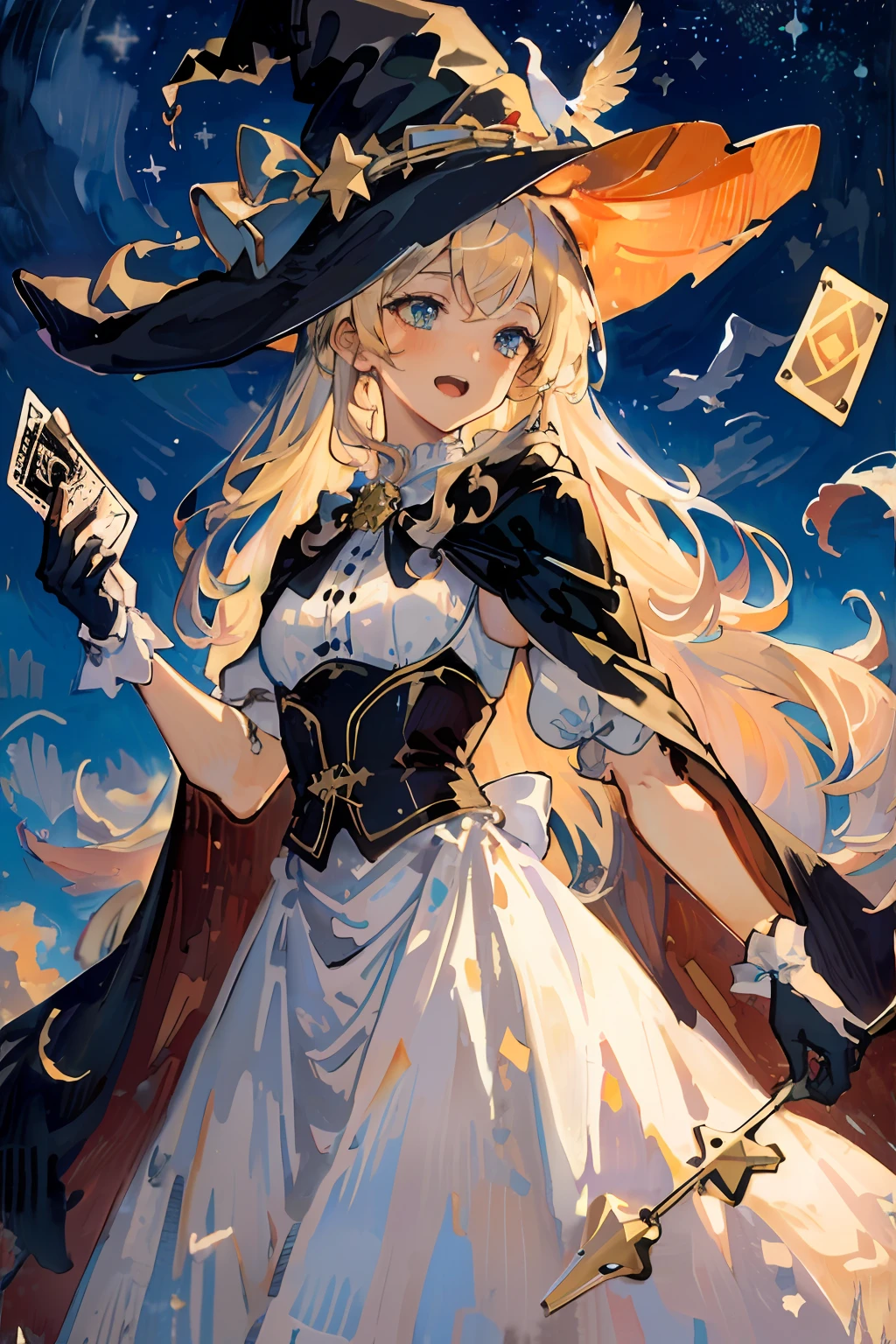 ((masterpiece:1.2, best quality)), 1girl, solo, (witch hat), blonde hair, long hair, dress, aurora, night, star (sky), gloves, sky, white dress, night sky, open mouth, starry sky, blue eyes, ribbon, very long hair, red dress, smile, hair ribbon, cape, blue hair, (bird), magic, casting spell, dark clouds, night, (impressionism:1.4), (tarot:1.3), alphonse mucha,