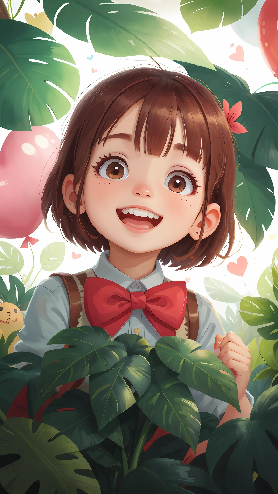 A cute girl,Many monstera,Many heart-shaped balloons,cheerfulness,rejoice,Perfect quality,Clear focus(Clutter - home:0.8), (masterpiece:1.2) (realisticlying:1.2) (bokeh) (best quailty) (detailedskin:1.3) (complexdetails) (8K) (detailedeyes) (Sharp focus),(having fun)