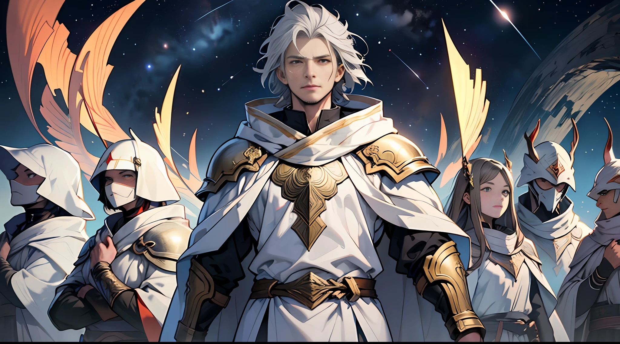 Best quality, 巨作, Super detail, A tall man standing in the center of the Spirit and Goodness team，gray hairs，Wearing white armor, Depended on a group of companions(hemmed:1.2), Determined gaze，There was an expression of hope and anticipation on his face.,in the style of the stars art group xing xing,