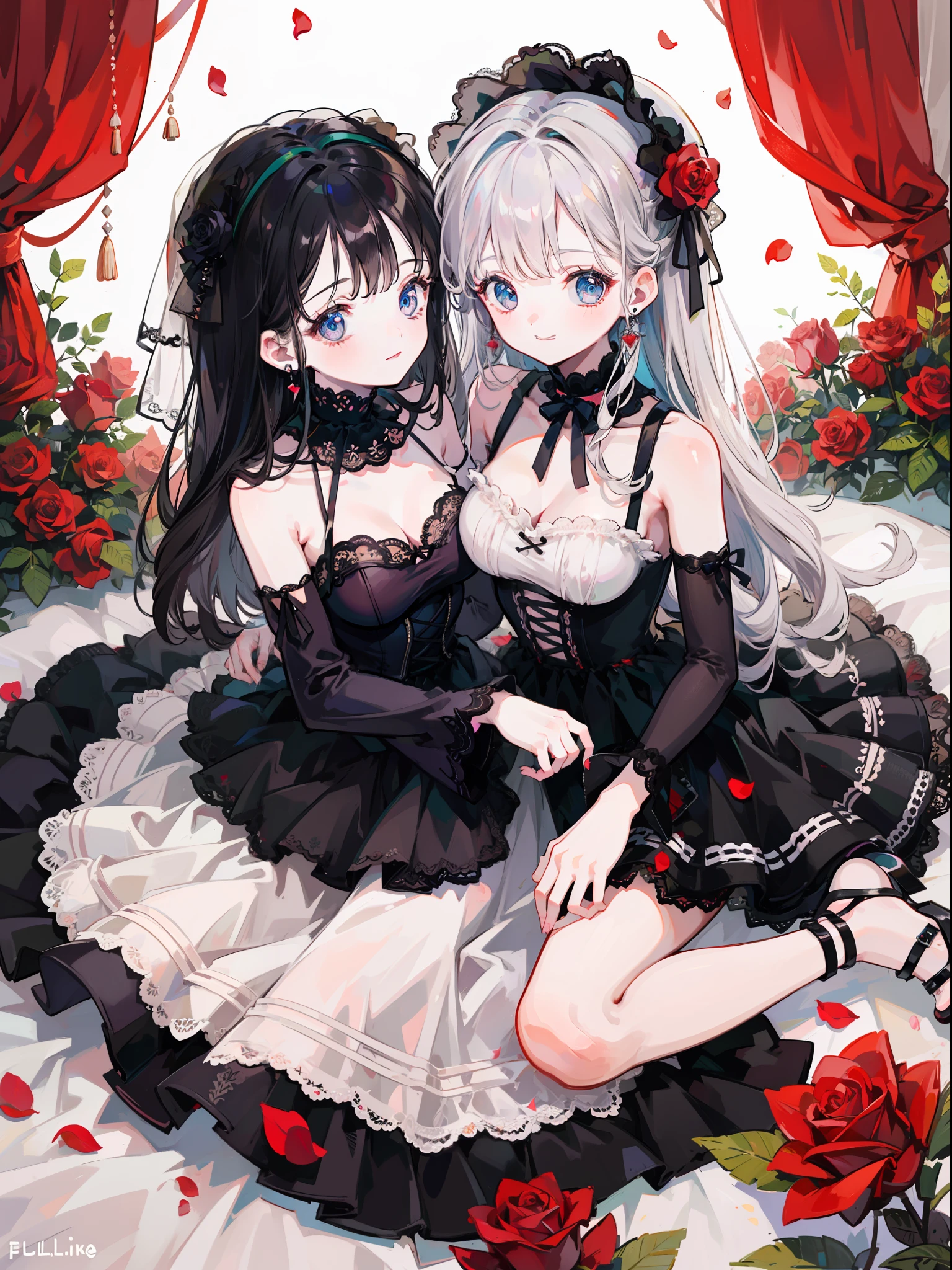 Two girls、Smiling and looking at each other、Rose Maiden、Two people love each other、doll、fullllbody、Lots of rose petals on the background、Impressive eyes、Lashes、lower eyelashes、Delicate lace、Delicate frills、Beautiful Gothic Dresses、Red roses in the background、Arrangement with Sense、Extremely high quality、high-level image quality、Extremely delicate drawing