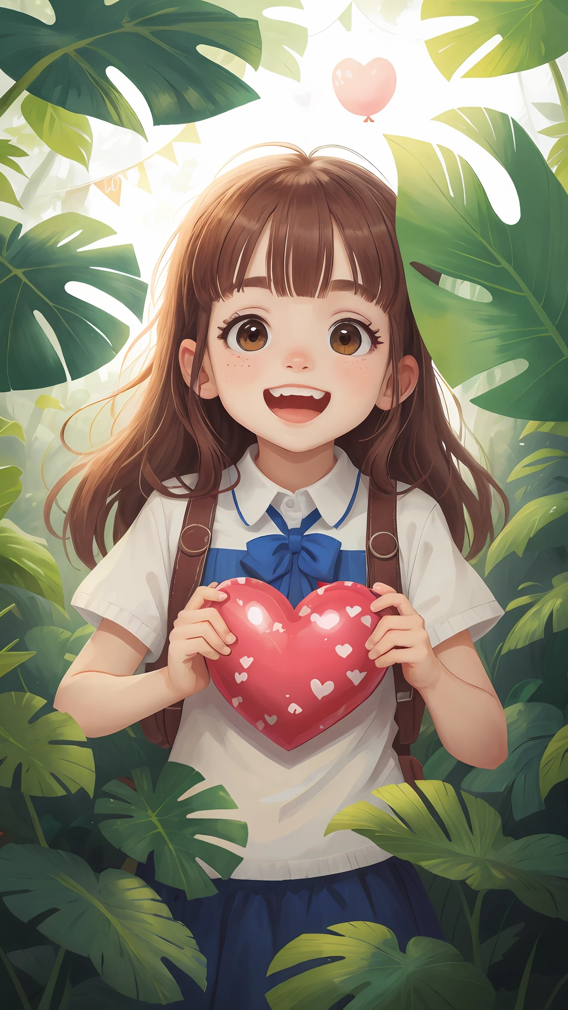 A cute girl，Many monstera，Many heart-shaped balloons,cheerfulness，rejoice，Perfect quality，Clear focus（Clutter - home：0.8）， （​masterpiece：1.2） （realisticlying：1.2） （bokeh） （best quailty） （detailedskin：1.3） （complexdetails） （8K） （detailedeyes） （Sharp focus）,（having fun）