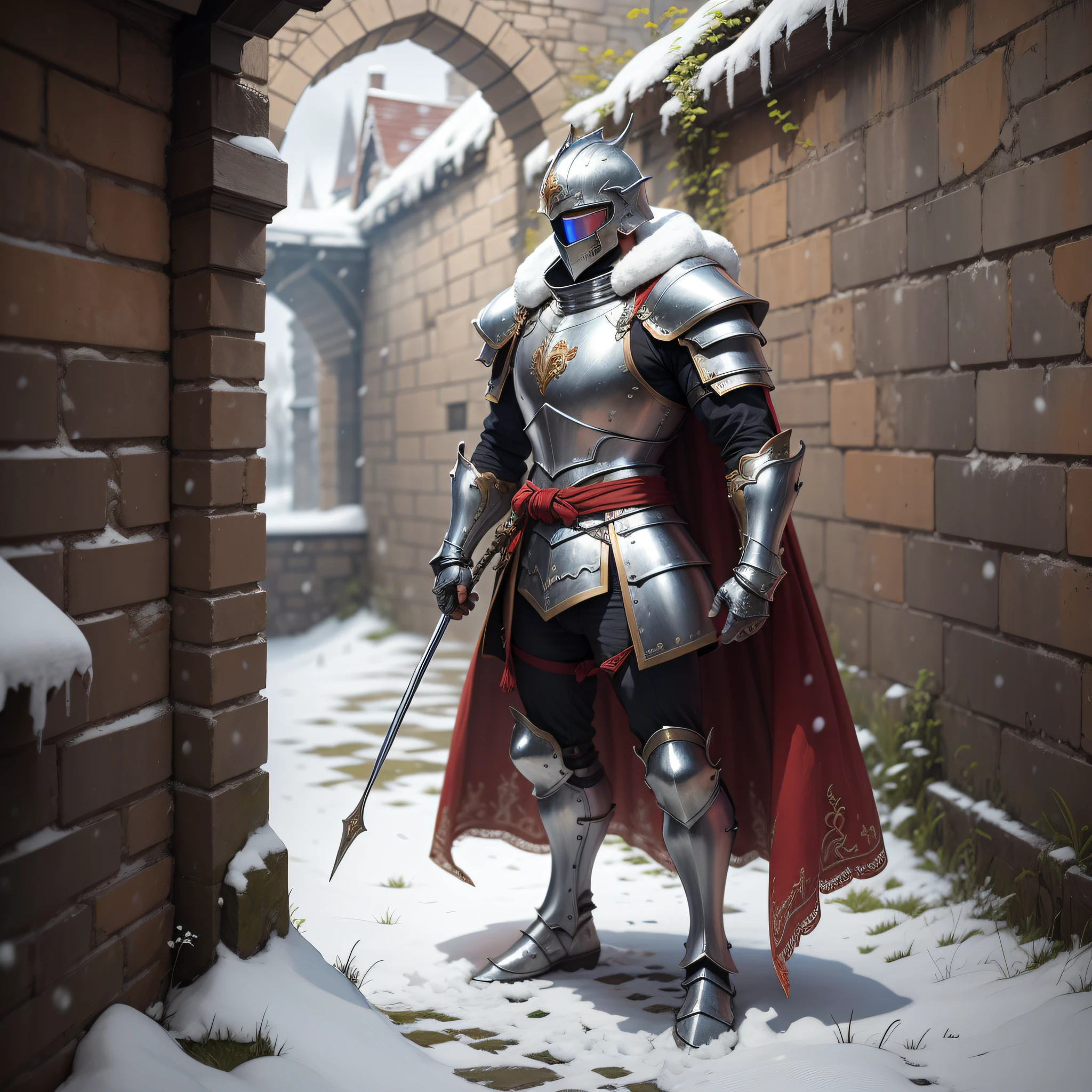 cavaleiro medieval em um castelo de gelo. . His armor is all-metal. The environment is cold and snows