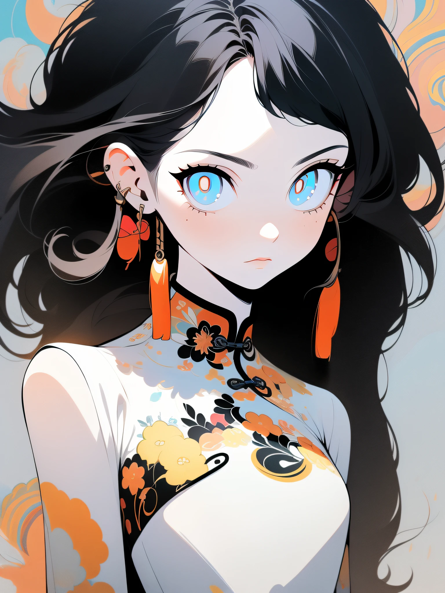 A delicate Chinese girl，Gentle eyes，Black pupils，Clear glowing eyes，Flat viewing angle，White top，Simple light，The picture is above the chest，No hands，Ren，Clean color matching， vectorial art，（（Maximalism））hugetits