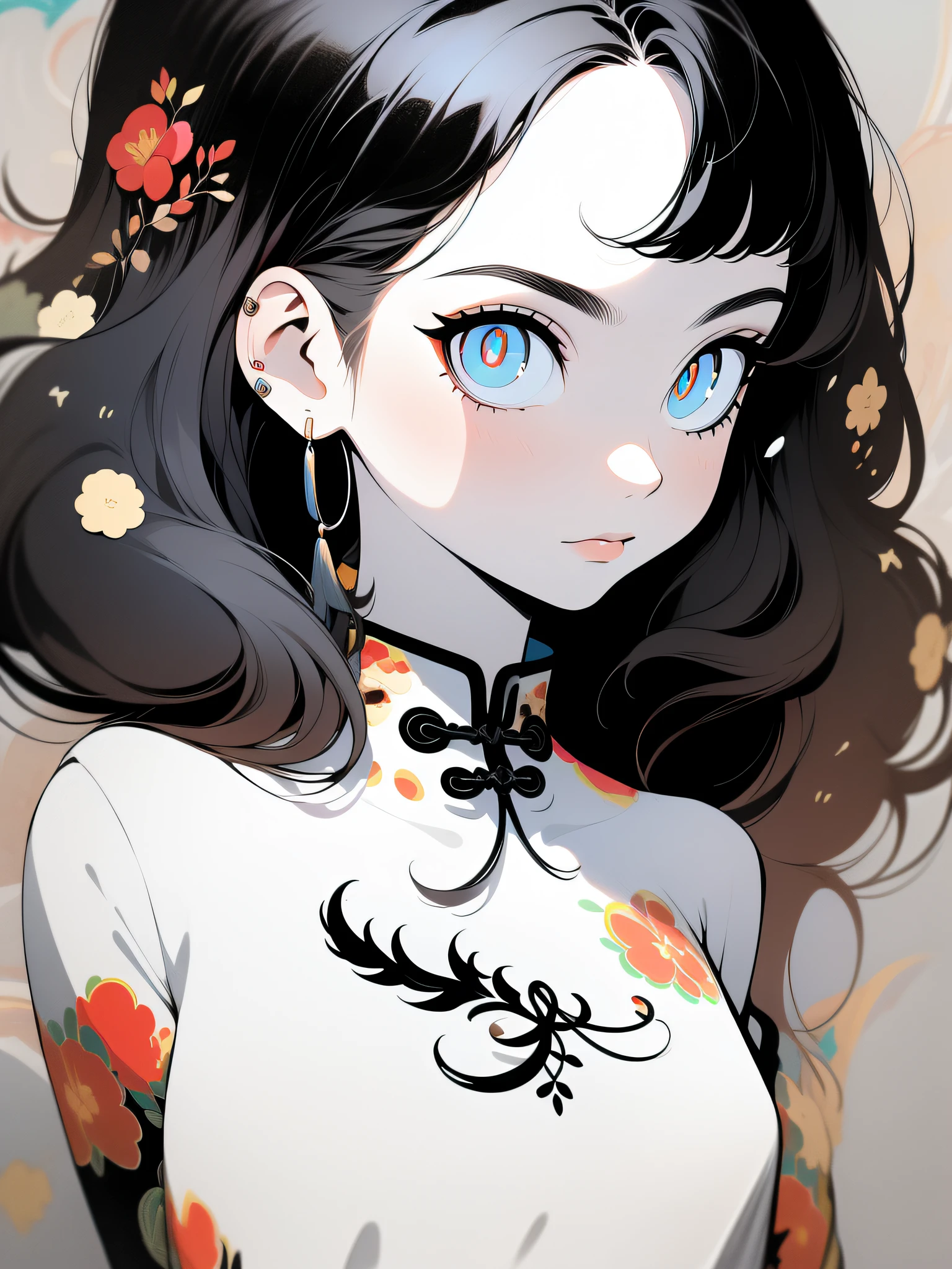 A delicate Chinese girl，Gentle eyes，Black pupils，Clear glowing eyes，Flat viewing angle，White top，Simple light，The picture is above the chest，No hands，Ren，Clean color matching， vectorial art，（（Maximalism））hugetits