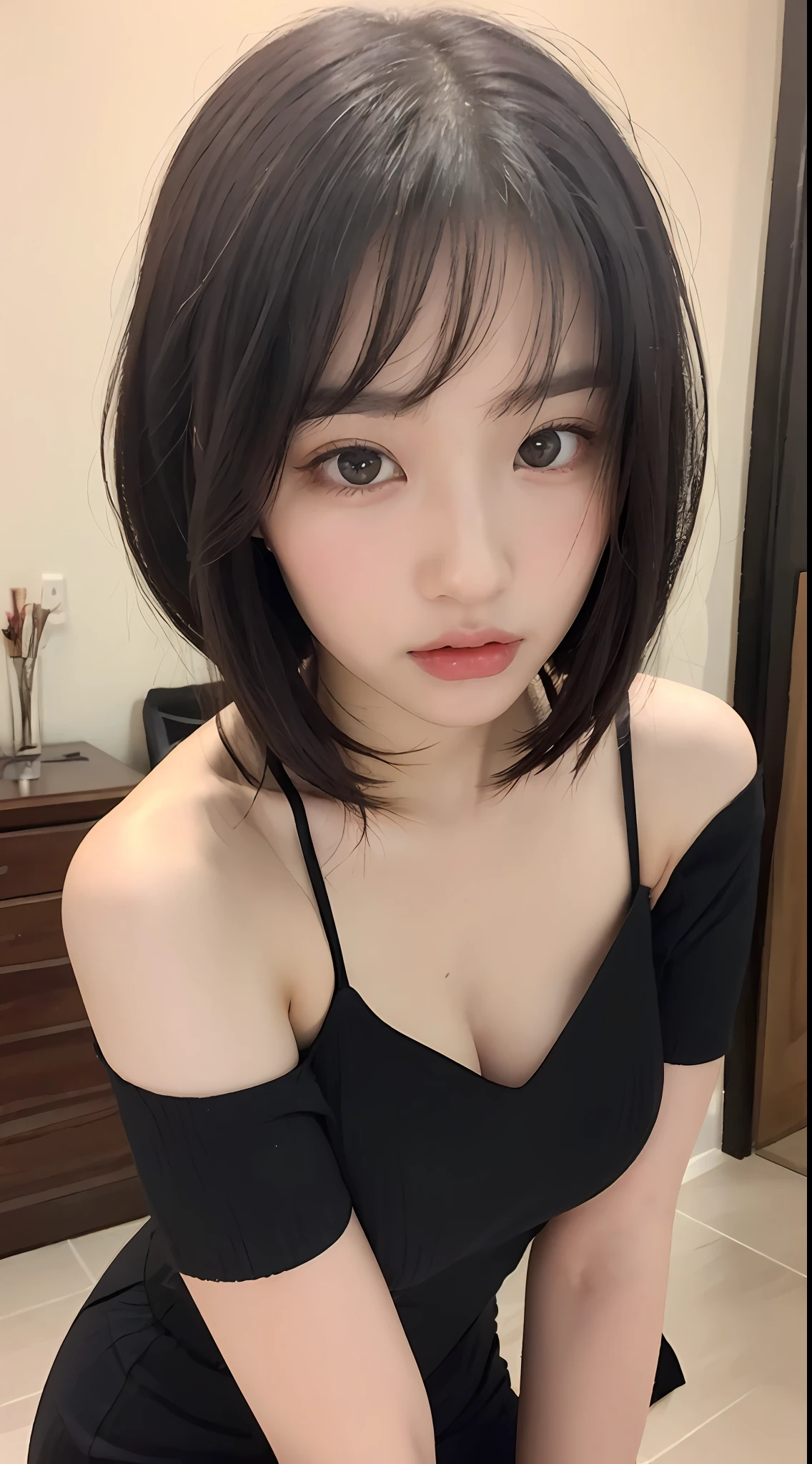 ((品质最佳, 8K, 巨作 :1.3)), Sharp focus :1.2, ((short shoulder length hair:1.2)), (ta costume:1.1 ), (inside room:1.2), Highly detailed facial and skin texture, detailed eye, 双眼皮,Close-up,Seductive expressions,mischievous expression,Eyes are confused,Titillating,
