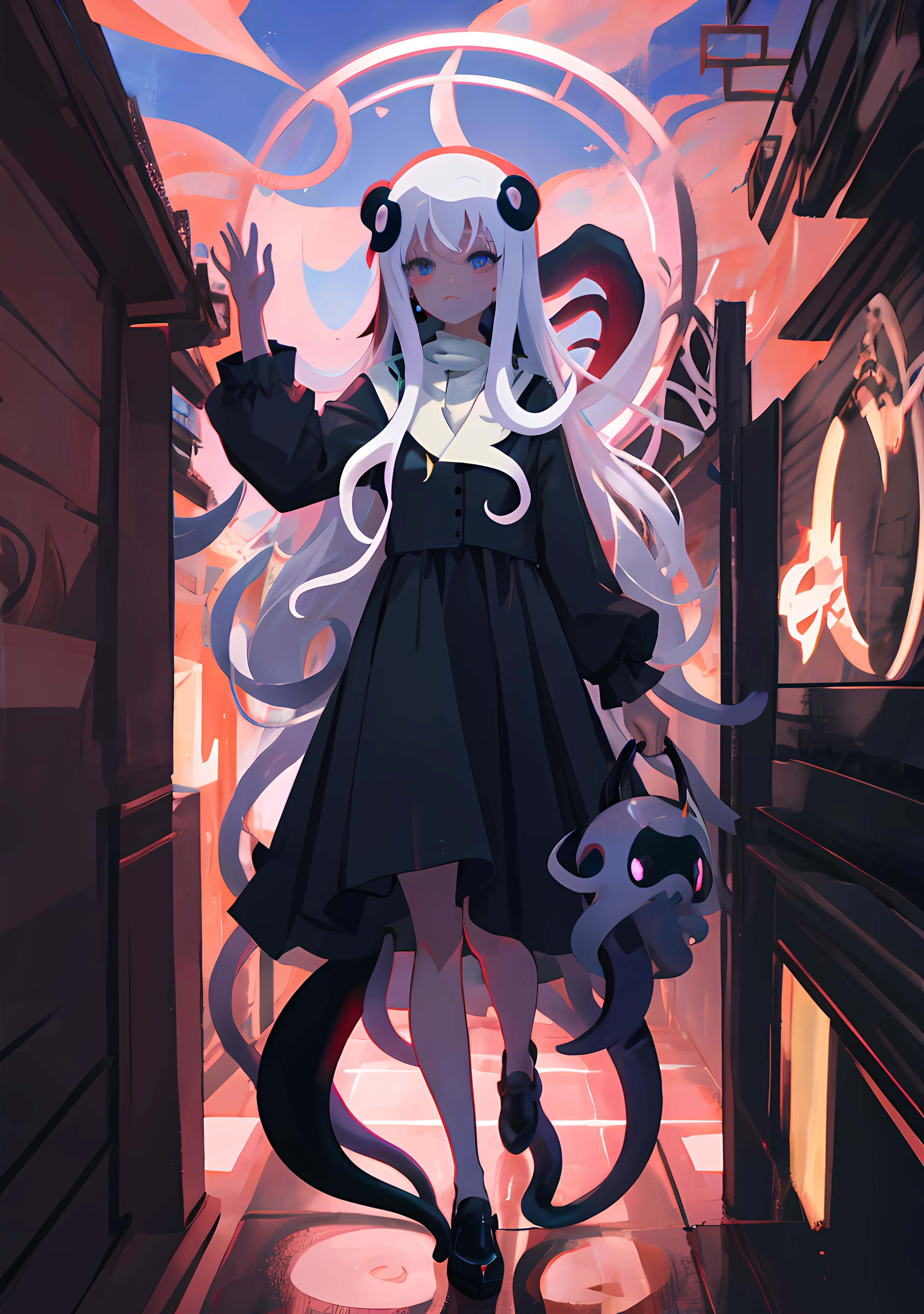 anime girl with long hair and a black dress standing on a bridge, tentacles around, fine details. anime. tentacles, big tentacle sneak around, tentacle beast, tentacles, long shot jorogumo, some tentacles are touching her, tentacle monster, many tentacles, tentacles climb from the portal, giant tentacles
