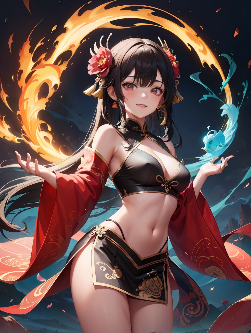 Official Art, Unified 8K Wallpapers, Ultra Detailed, Beautiful and Aesthetic, Masterpiece, Best Quality, (Zentangle, Tangle, Entangle), (fractal art: 1.4), 1girl, black hair, Chinese, bare shoulders, short skirt, calf, navel, very detailed, dynamic angle, cowboyshot, (most beautiful form chaos), flowing, (bright colors), oc, (half: 1.2), china, (thangka flying sky: 1.5), (ribbon: 1.3), (dream: 1.5), (hanfu: 1.5), Chinese dragon, Chinese phoenix, (smile: 0.5), (Chinese deity),