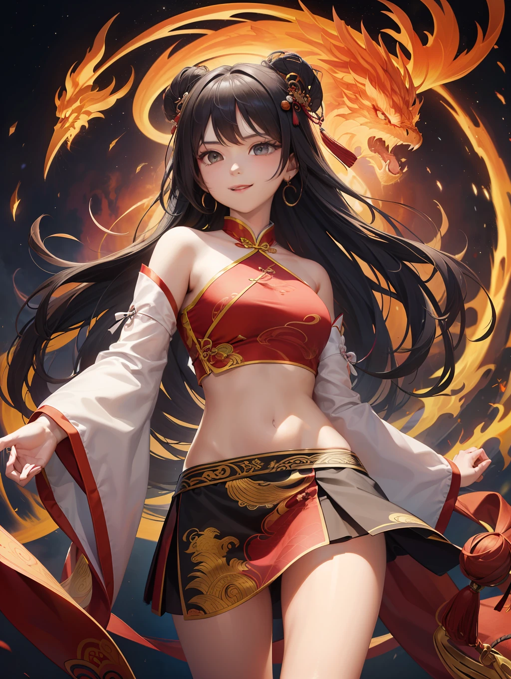 Official Art, Unified 8K Wallpapers, Ultra Detailed, Beautiful and Aesthetic, Masterpiece, Best Quality, (Zentangle, Tangle, Entangle), (fractal art: 1.4), 1girl, black hair, Chinese, bare shoulders, short skirt, calf, navel, very detailed, dynamic angle, cowboyshot, (most beautiful form chaos), flowing, (bright colors), oc, (half: 1.2), china, (thangka flying sky: 1.5), (ribbon: 1.3), (dream: 1.5), (hanfu: 1.5), Chinese dragon, Chinese phoenix, (smile: 0.5), (Chinese deity),