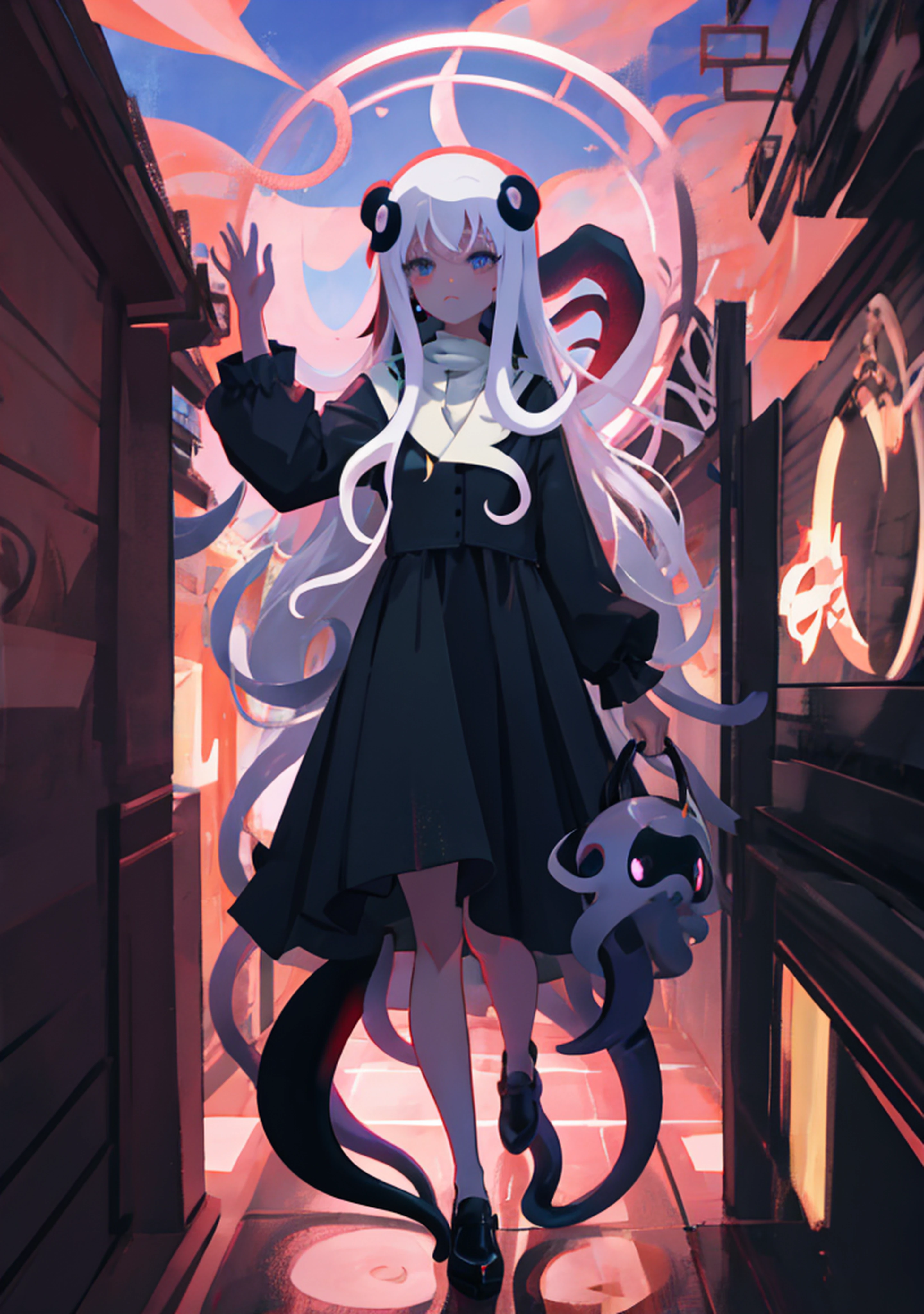 anime girl with long hair and a black dress standing on a bridge, tentacles around, fine details. anime. tentacles, big tentacle sneak around, tentacle beast, tentacles, long shot jorogumo, some tentacles are touching her, tentacle monster, many tentacles, tentacles climb from the portal, giant tentacles