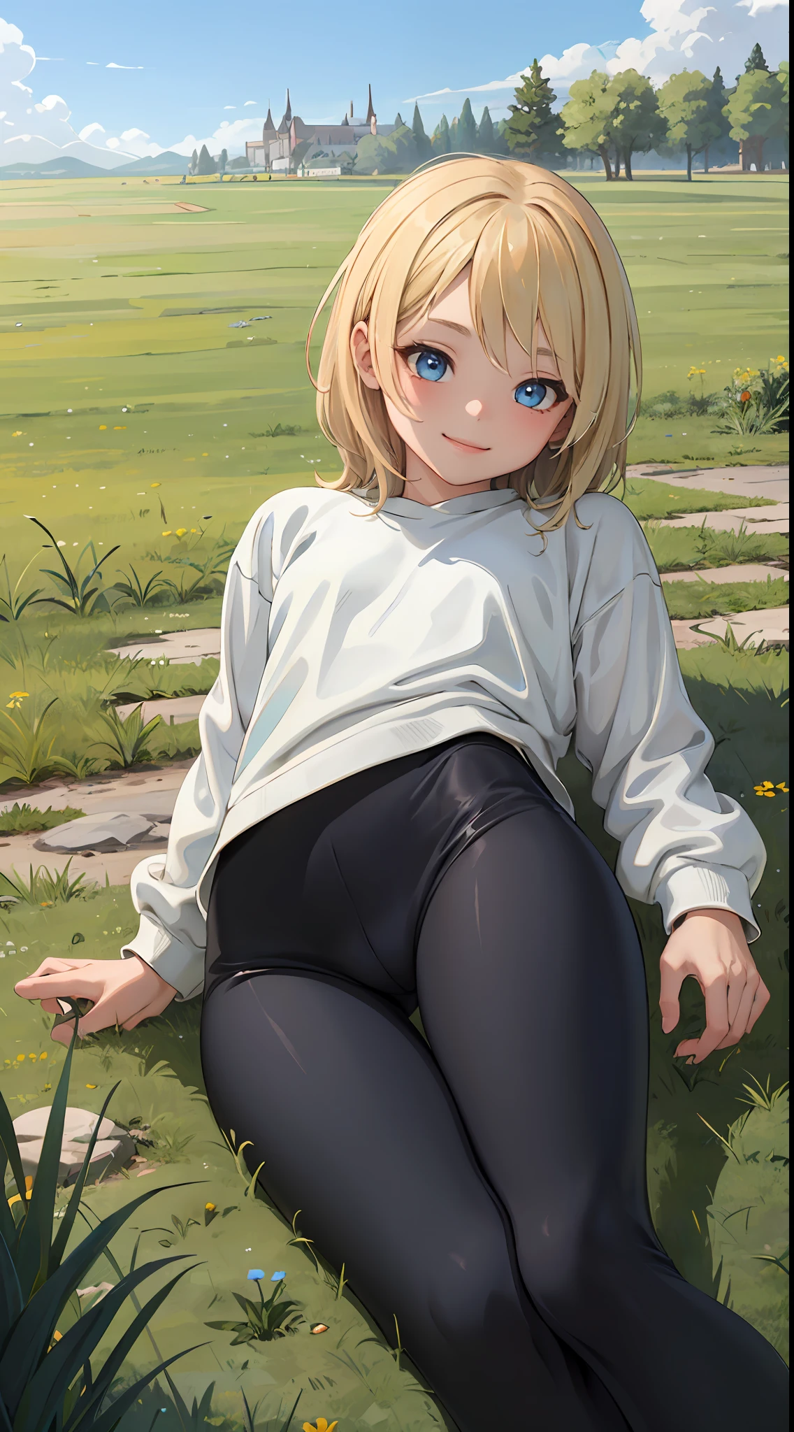 best quality, masterpiece, small breasts, smile, sweatshirt, leggings, outdoors, anime style, grass field, daytime, blue sky, blue eyes, detailed eyes, medium hair, blonde hair, loose hair, bangs, lying down, ass,