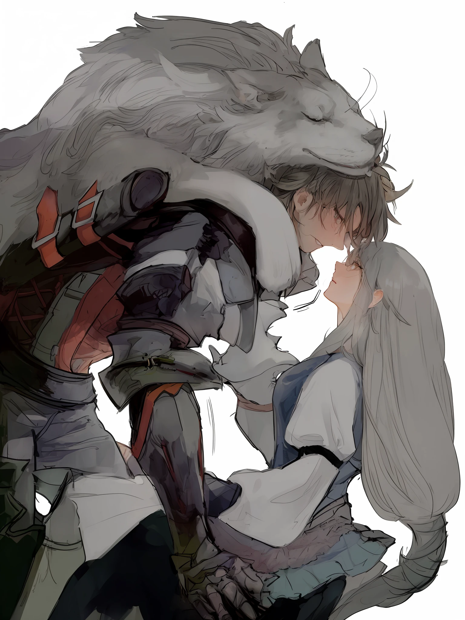 anime, un par de personas que se abrazan, hombre ymujer, con un lobo a la espalda.  por Kamisaka Sekka, de Arknights, Guweiz y Makoto Shinkai, pero la armadura cubre su rostro, Fanart exquisito altamente detallado, Arte detallado del anime, Hidari y Wlop, Arte de anime limpio y detallado, por Shitao, por Kose Kanaoka