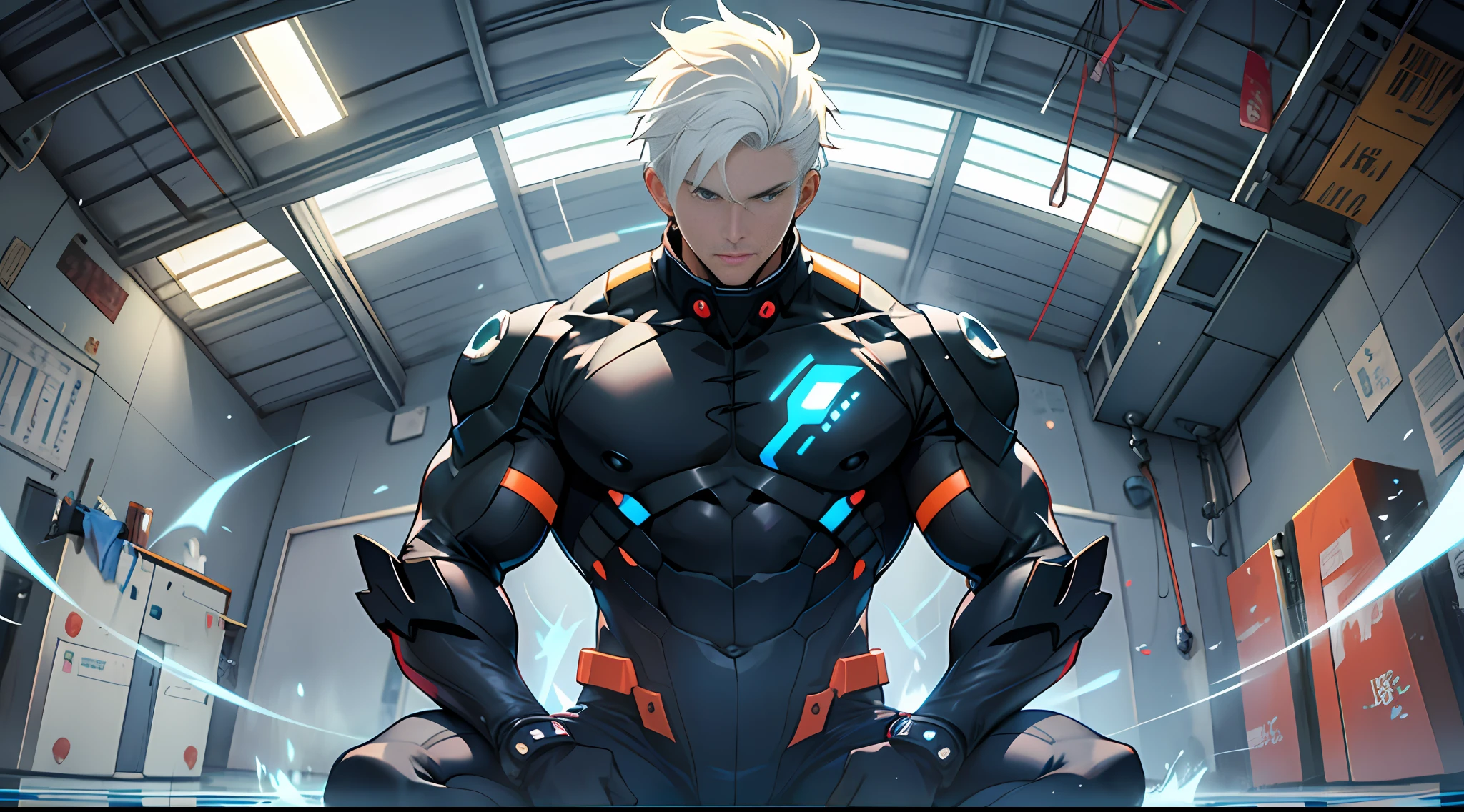 A strong man in a training room, with short white hair, sitting cross-legged and hitting his hands on his knees for training, surrounded by aura, Tyndall effect, anime art style, realistic portrait, mystic academia, radiation clusters, dansaekhwa, stones, poolcore,32k, best quality, masterpiece, super detail, high details