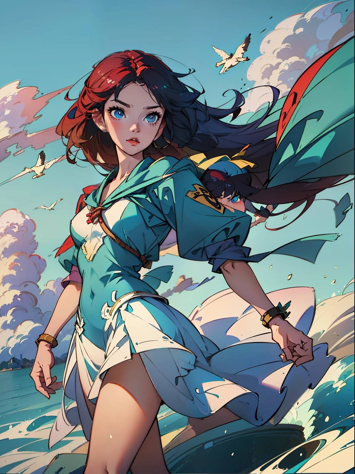 Imagine a captivating anime scene where a girl stands gracefully at the top of a sail, soaring high above a vast, azure sea. This 8k high-quality artwork showcases the beauty of the landscape as she embraces the wind, her vibrant hair flowing in the breeze. Let the serene ambiance and the girl's adventurous spirit transport you to this mesmerizing anime moment.