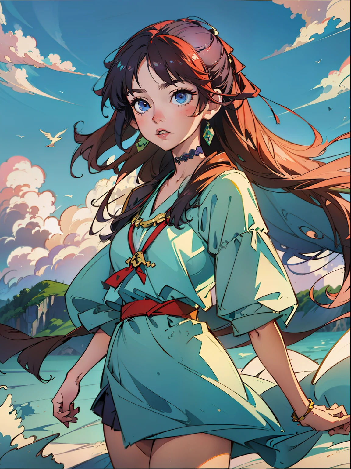 Imagine a captivating anime scene where a girl stands gracefully at the top of a sail, soaring high above a vast, azure sea. This 8k high-quality artwork showcases the beauty of the landscape as she embraces the wind, her vibrant hair flowing in the breeze. Let the serene ambiance and the girl's adventurous spirit transport you to this mesmerizing anime moment.