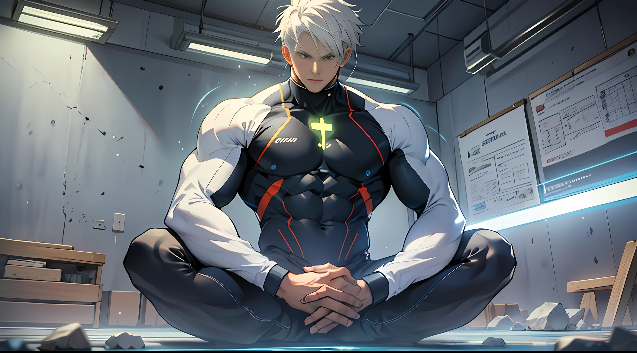 A strong man in a training room, with short white hair, sitting cross-legged and hitting his hands on his knees for training, surrounded by aura, Tyndall effect, anime art style, realistic portrait, mystic academia, radiation clusters, dansaekhwa, stones, poolcore,32k, best quality, masterpiece, super detail, high details