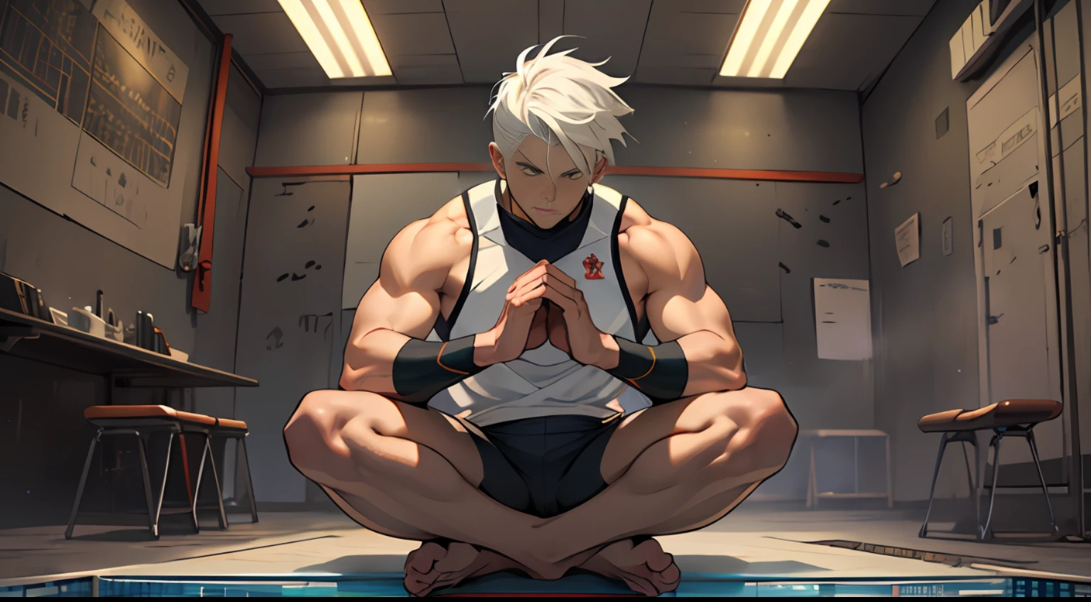 A strong man in a training room, with short white hair, sitting cross-legged and hitting his hands on his knees for training, surrounded by aura, Tyndall effect, anime art style, realistic portrait, mystic academia, radiation clusters, dansaekhwa, stones, poolcore,32k, best quality, masterpiece, super detail, high details
