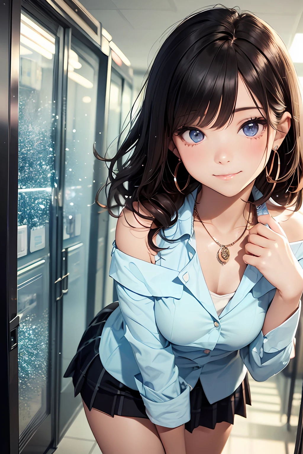 (masutepiece: 1.3), (max resolution: 1.2), (Ultra HDTV: 1.2), cinema lite, Ultra HDTV, (Detailed eyes and skin), (detailed facial features), ultgp, 8K resolution, Sharp Focus: 1.2, Perfect Style, Beautiful Face, accurate, Anatomically correct, Highly detailed face and skin texture, Detailed eyes, Dark-blue eyes, Double eyelids, Thin eyebrows, dropping eyes, (Glitter Eyeliner:1.2), Natural cheeks, Glossy skin, (Fair skin:1.2), shiny necklace and earrings, (Glossy lips: 1.4), break, absurderes, One-person viewpoint, (she is high school Student), (Wearing a Button up shirt, blazer, Pleated mini skirt), ((off-shoulder:1.3)), (shy smile:1.2), ((Innocent and very cute girl:1.3)), (Layered hairstyle, Wavy Hair), (Dark brown hair:1.2), Medium Long Hair, (Full body shot: 1.2), Focus on Face, medium large breasts, ((sexy pose on Instagram:1.2)), ((In the school Changing room)),