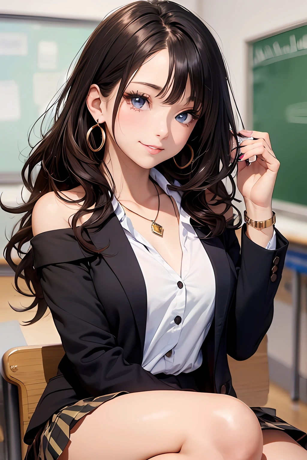 (masutepiece: 1.3), (max resolution: 1.2), (Ultra HDTV: 1.2), cinema lite, Ultra HDTV, (Detailed eyes and skin), (detailed facial features), ultgp, 8K resolution, Sharp Focus: 1.2, Perfect Style, Beautiful Face, accurate, Anatomically correct, Highly detailed face and skin texture, Detailed eyes, Dark-blue eyes, Double eyelids, Thin eyebrows, dropping eyes, (Glitter Eyeliner:1.2), Natural cheeks, Glossy skin, (Fair skin:1.2), shiny necklace and earrings, (Glossy lips: 1.4), break, absurderes, One-person viewpoint, (she is high school Student), (Wearing a Button up shirt, blazer, Pleated mini skirt), ((off-shoulder:1.3)), (shy smile:1.2), ((Innocent and very cute girl:1.3)), (Layered hairstyle, Wavy Hair), (Dark brown hair:1.2), Medium Long Hair, (Full body shot: 1.2), Focus on Face, medium large breasts, ((sexy pose on Instagram:1.2)), ((In the school Changing room)),