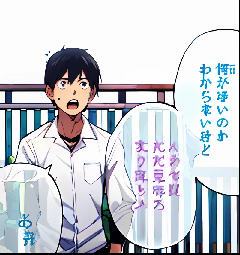 a anime of a man with a black hair, open mouth, sweat, white shirt, text bubble speech, iron fence, color manga, manga color, color manga, color manga panel, simple background, a white background