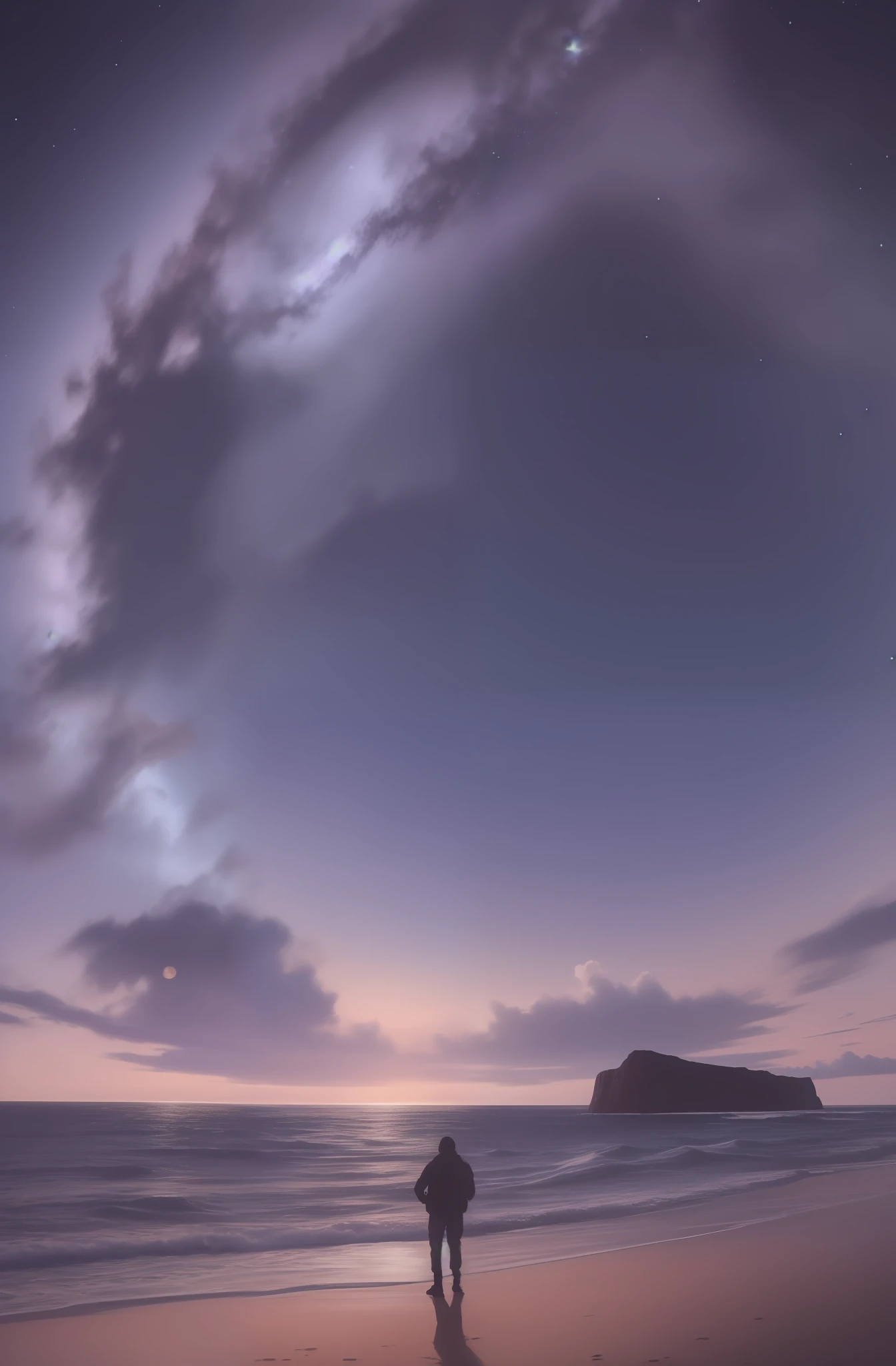 Uma paisagem celestial repleta de estrelas cintilantes. No centro, A mysterious figure appears in the midst of divine luminosity