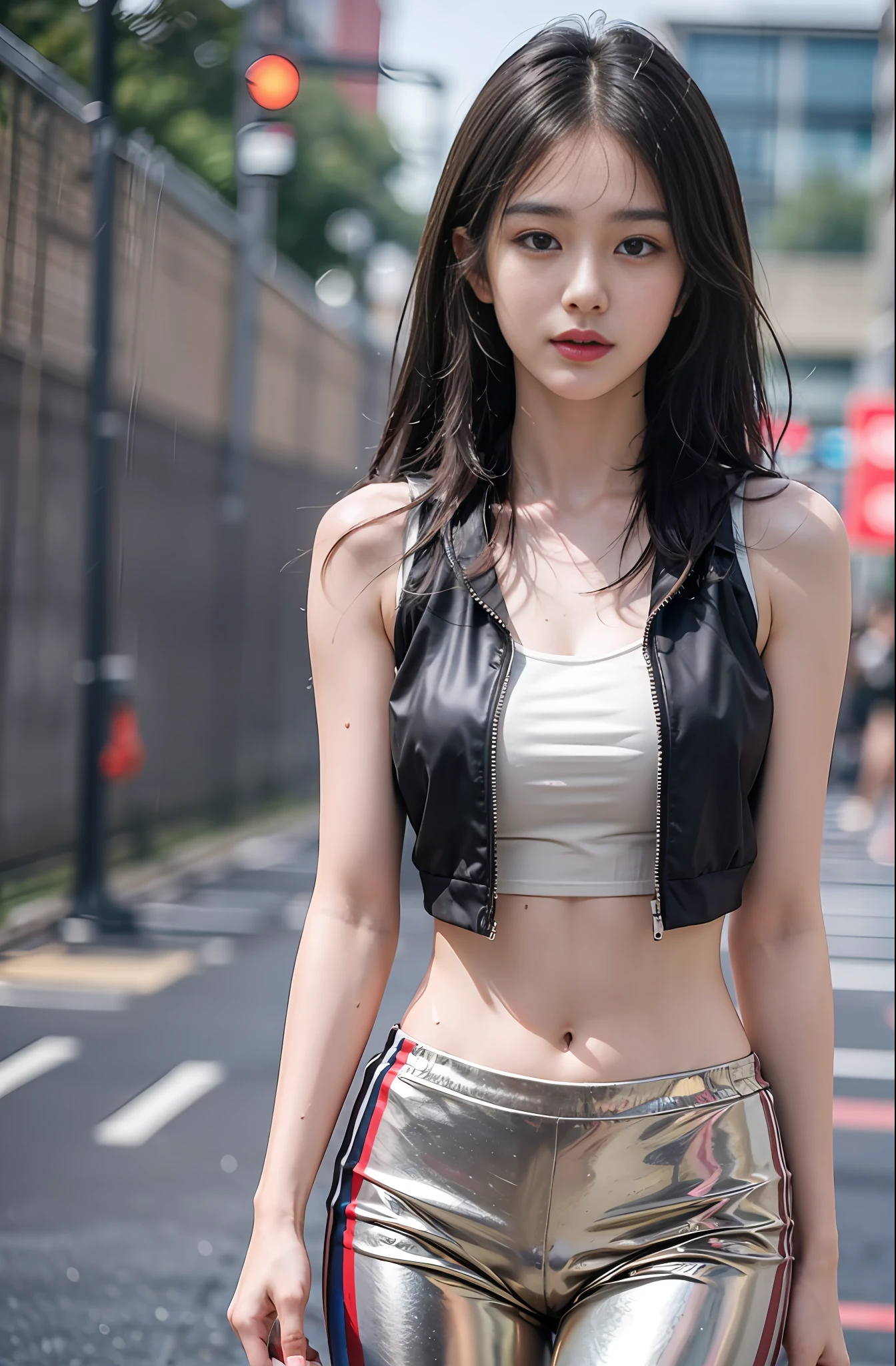 1人の女性，8K，RAW photos，（top Quority、​masterpiece、complexdetails：1.4）、（realisticlying：1.3）、（realisticlying：1.3）、Chinese female track and field athletes、（Rainy days））、（（Woman standing on the stadium runway：1.8））、（A beauty like a Chinese actress）、（a heavy rain）、（（（Thin track and field team vest））、Abs，（Light track and field team vest）、（Rain soaks transparent skin vest）， Rain wet sticky track and field team vest，Cropped pants，Colorful sweatpants，（Wet hair），（wet bangs），Wet skin，（Transparent prominence），19yearsold，（smaller face：1.5），（Nervous expression），Light makeup，tthin eyebrows，Detailed and beautiful face，Detailed eyes，（tear bag：1.5），detailed finger，Detailed legs，Detailed skins，mediuml breasts，lustrous Some hair，shiny shiny skin，Wet and dripping hair， Wet skin，Wet vest，（No bras），（no underwear on），sixpack abs，Crop topping