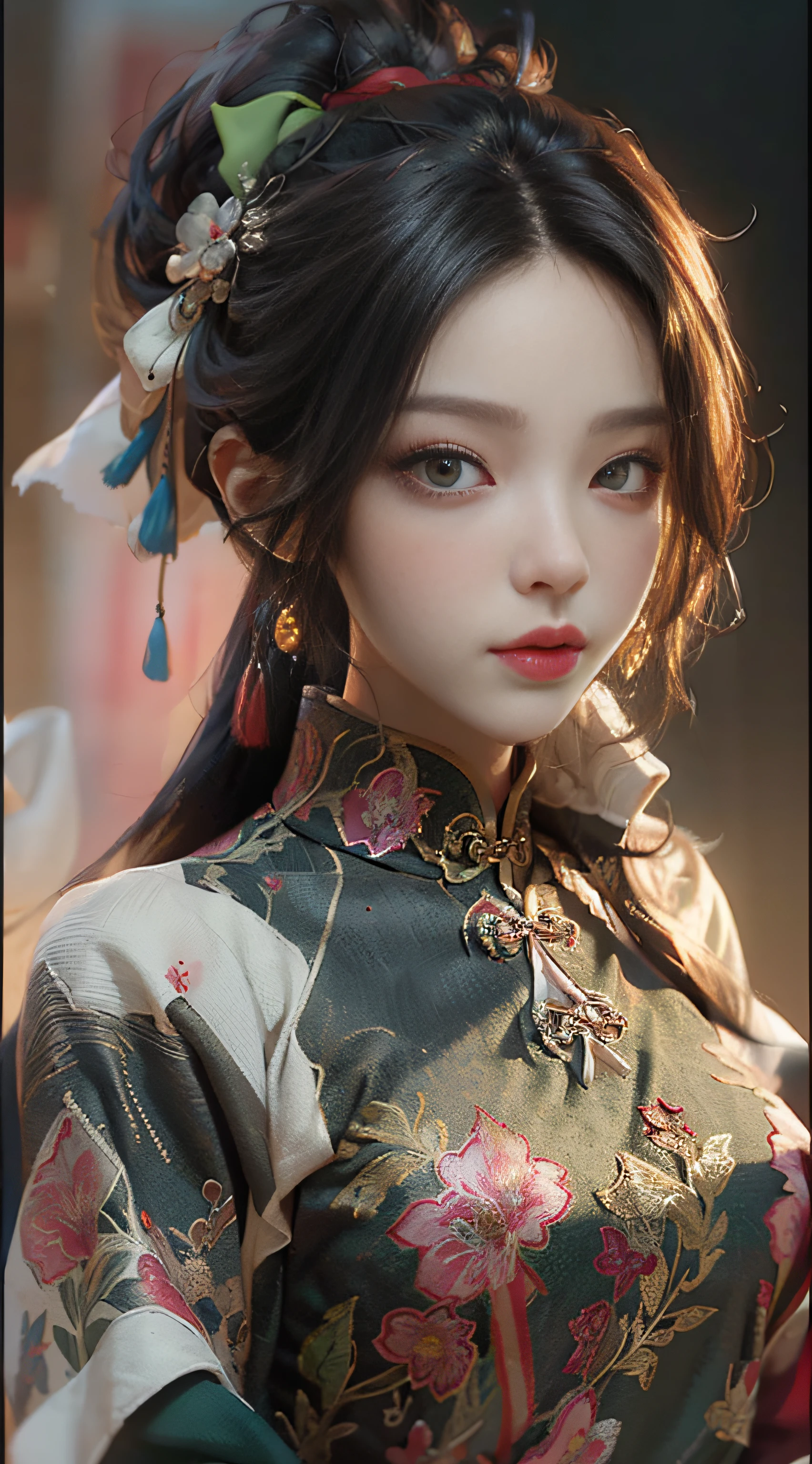 ((best quailty)), ((​masterpiece)), (the detail:1.4), 3D, Female figure,hdr（HighDynamicRange）,War-damaged maiden，Blood stains on the face，Blood stains on the face，Broken clothes，Neckless cheongsam，Broken clothes，hair messy，Arm injury，Long sword in hand，The expression is fierce，Green eyes，Ray traching,NVIDIA RTX,Hyper-Resolution,Unreal 5,Subsurface scattering、PBR Texture、post-processed、Anisotropy Filtering、depth of fields、maximum definition and sharpness、multi-layer texture、Albedo e mapas Speculares、Surface coloring、Accurate simulation of light-material interactions、perfectly proportioned、rendering by octane、Two-colored light、largeaperture、Low ISO、White balance、thirds rule、8K，raw data、