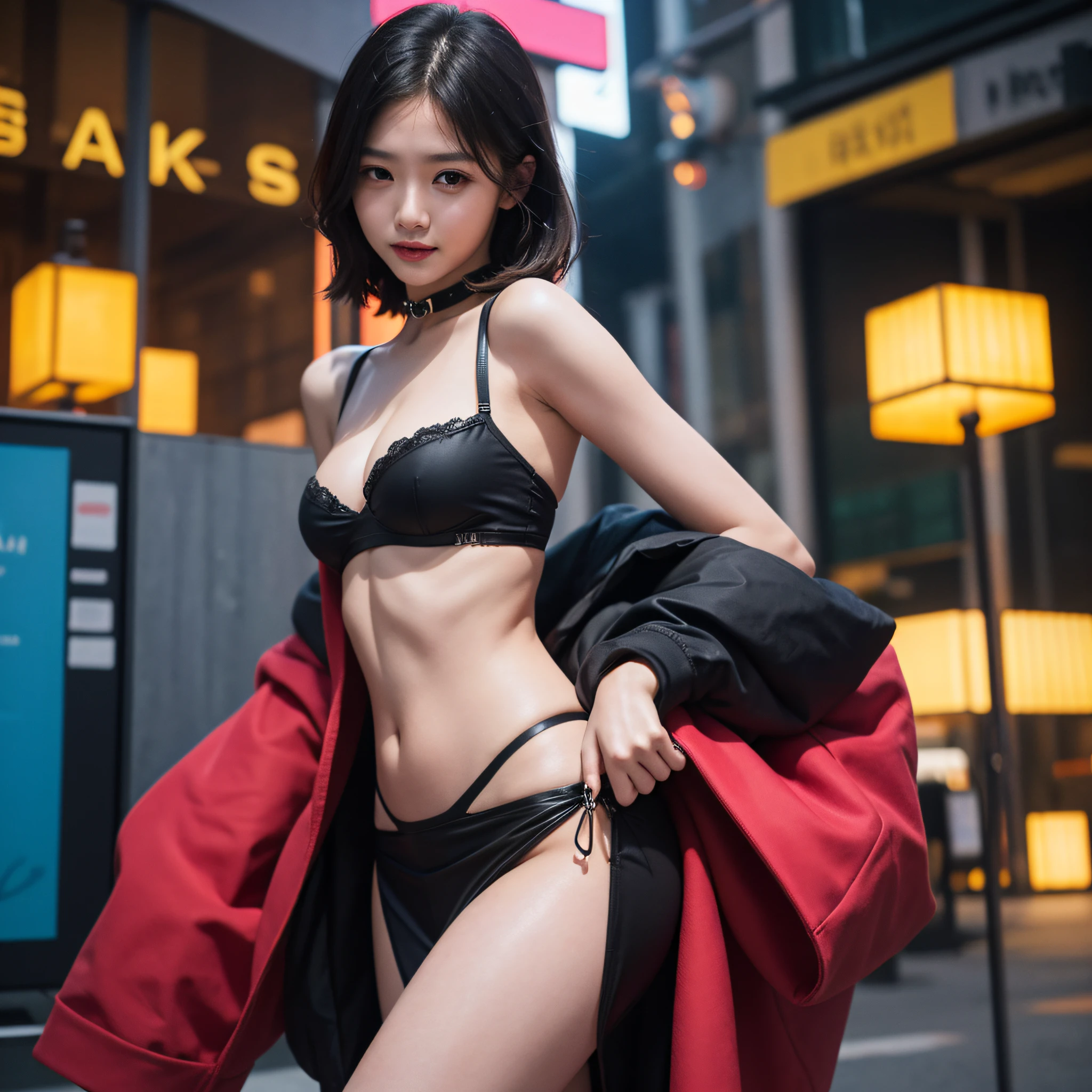 ((beste-Qualit、8K、masterpiece:1.3))、foco nítido:1.2、Beautiful woman with perfect body shape:1.4、mix4、(8K、Raw photos、beste-Qualit、masterpiece:1.2)、(realisitic、a photorealistic:1.37)、One girl、masterpiece、beste-Qualit、1 girl in、1girl in、nightcity、Sateen、haori、hands on pockets、A smile、danger、Serious eyes、a brightly coloured、highest quality digital art、stunning art、Wallpaper 4k