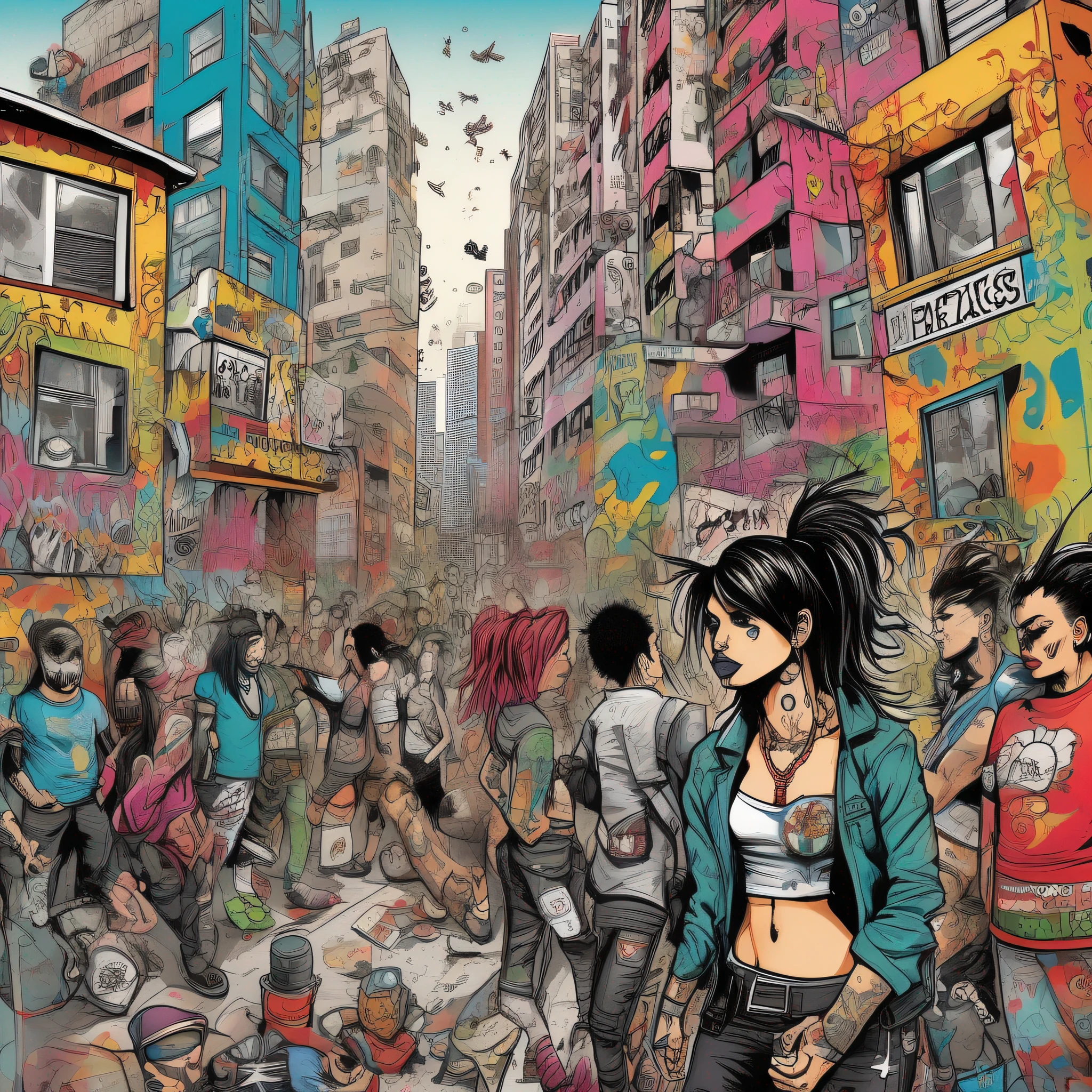 The illustration presents a chaotic urban environment, with tall buildings and colorful graffiti covering the walls. Nas esquinas, punk-looking people, com cabelos coloridos, tatuagens e piercings, are gathered, expressando sua rebeldia. Algumas delas seguram cartazes com palavras como "Puta que pariu" ou "P.Q.P." em letras grandes e ousadas.