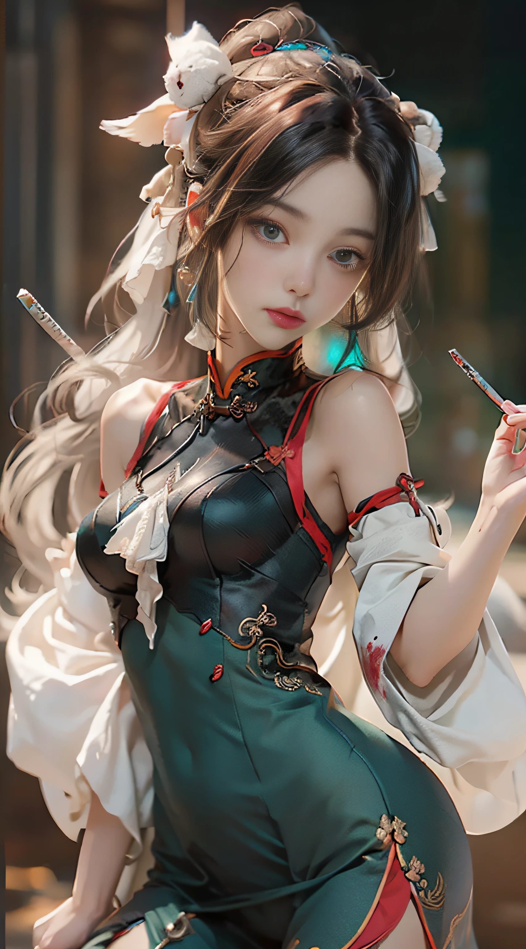 ((best quailty)), ((​masterpiece)), (the detail:1.4), 3D, Female figure,hdr（HighDynamicRange）,War-damaged maiden，Blood stains on the face，Blood stains on the face，Broken clothes，Neckless cheongsam，Broken clothes，hair messy，Arm injury，Long sword in hand，The expression is fierce，Green eyes，Ray traching,NVIDIA RTX,Hyper-Resolution,Unreal 5,Subsurface scattering、PBR Texture、post-processed、Anisotropy Filtering、depth of fields、maximum definition and sharpness、multi-layer texture、Albedo e mapas Speculares、Surface coloring、Accurate simulation of light-material interactions、perfectly proportioned、rendering by octane、Two-colored light、largeaperture、Low ISO、White balance、thirds rule、8K，raw data、