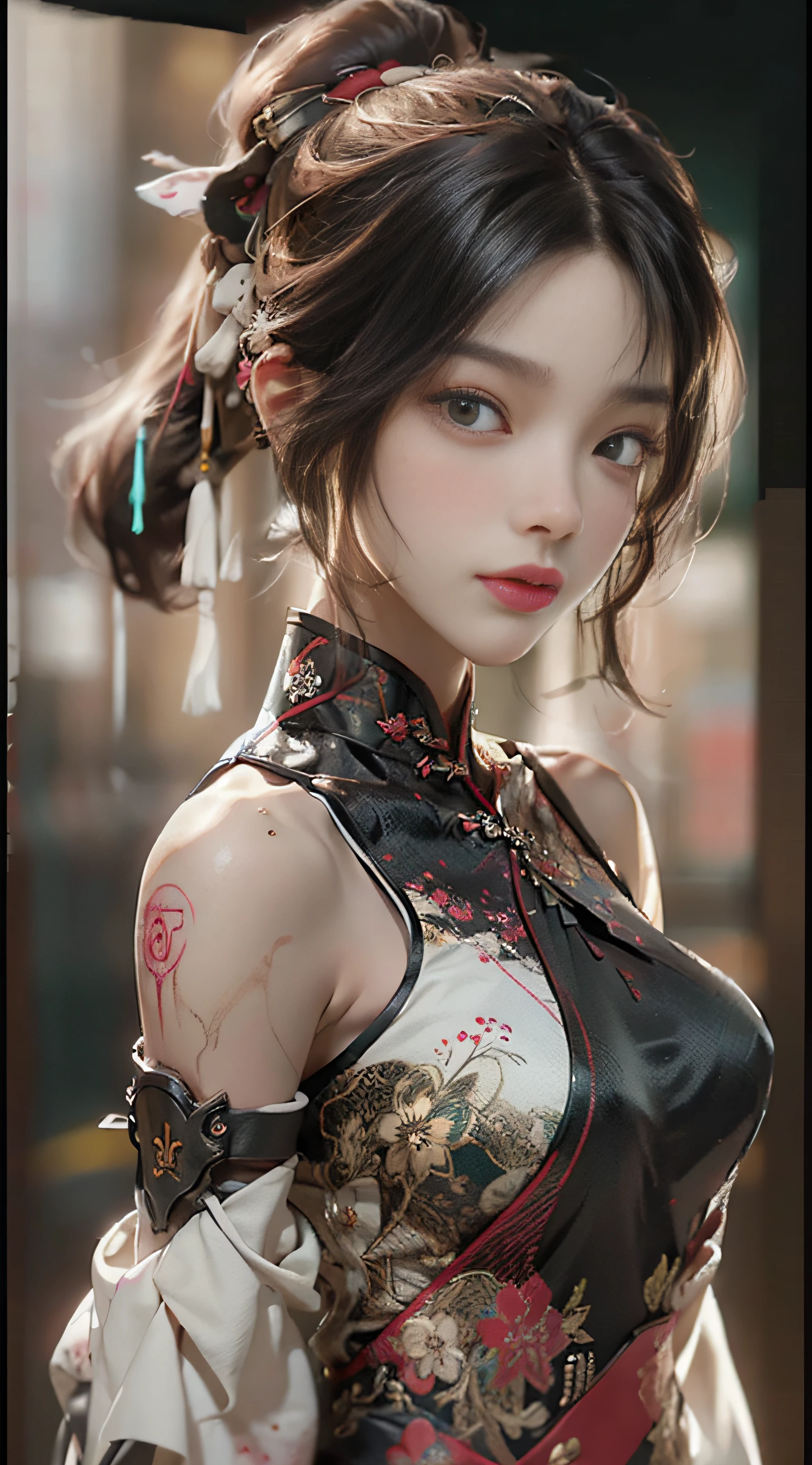 ((best quailty)), ((​masterpiece)), (the detail:1.4), 3D, Female figure,hdr（HighDynamicRange）,War-damaged maiden，Blood stains on the face，Blood stains on the face，Broken clothes，Neckless cheongsam，Broken clothes，hair messy，Arm injury，Long sword in hand，The expression is fierce，Green eyes，Ray traching,NVIDIA RTX,Hyper-Resolution,Unreal 5,Subsurface scattering、PBR Texture、post-processed、Anisotropy Filtering、depth of fields、maximum definition and sharpness、multi-layer texture、Albedo e mapas Speculares、Surface coloring、Accurate simulation of light-material interactions、perfectly proportioned、rendering by octane、Two-colored light、largeaperture、Low ISO、White balance、thirds rule、8K，raw data、