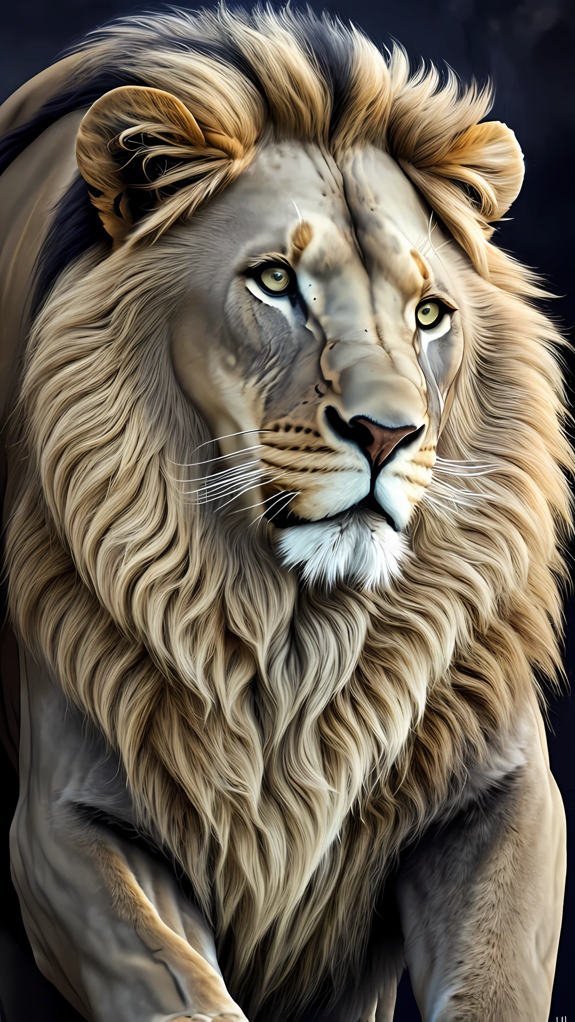 Picture an enigmatic lion, completely ebony in color, with elegant white motifs that flow across its body, highlighting its majestic mane, regal posture, and intense gaze, set against a mystical forest shrouded in mist, evoking an aura of mystery and intrigue, Illustration, digital art, with a soft and ethereal color palette, --auto --s2