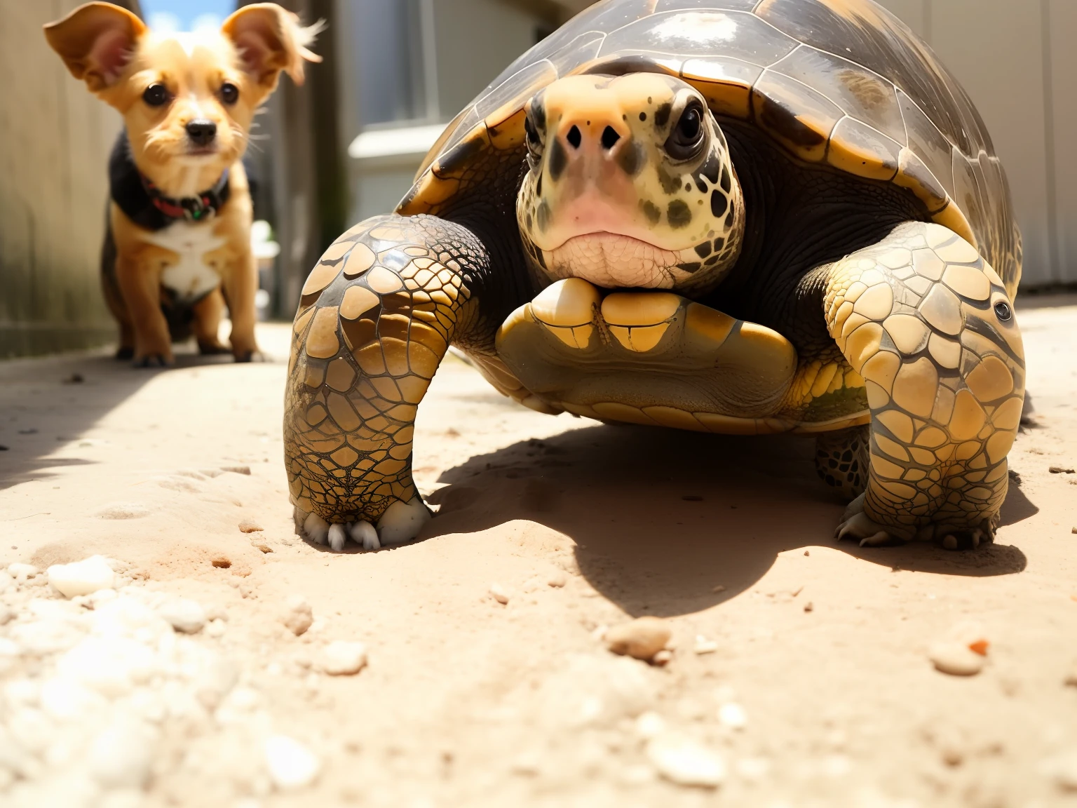 there is a small dog walking behind a turtle on the ground, crawling towards the camera, toward to the camera, turtles all the way down, as an anthropomorphic turtle, foco em tartaruga gigante, looking the camera, looking-into-camera, staring directly at camera, tartaruga, looks into the camera, Looking towards the camera, looks directly at camera