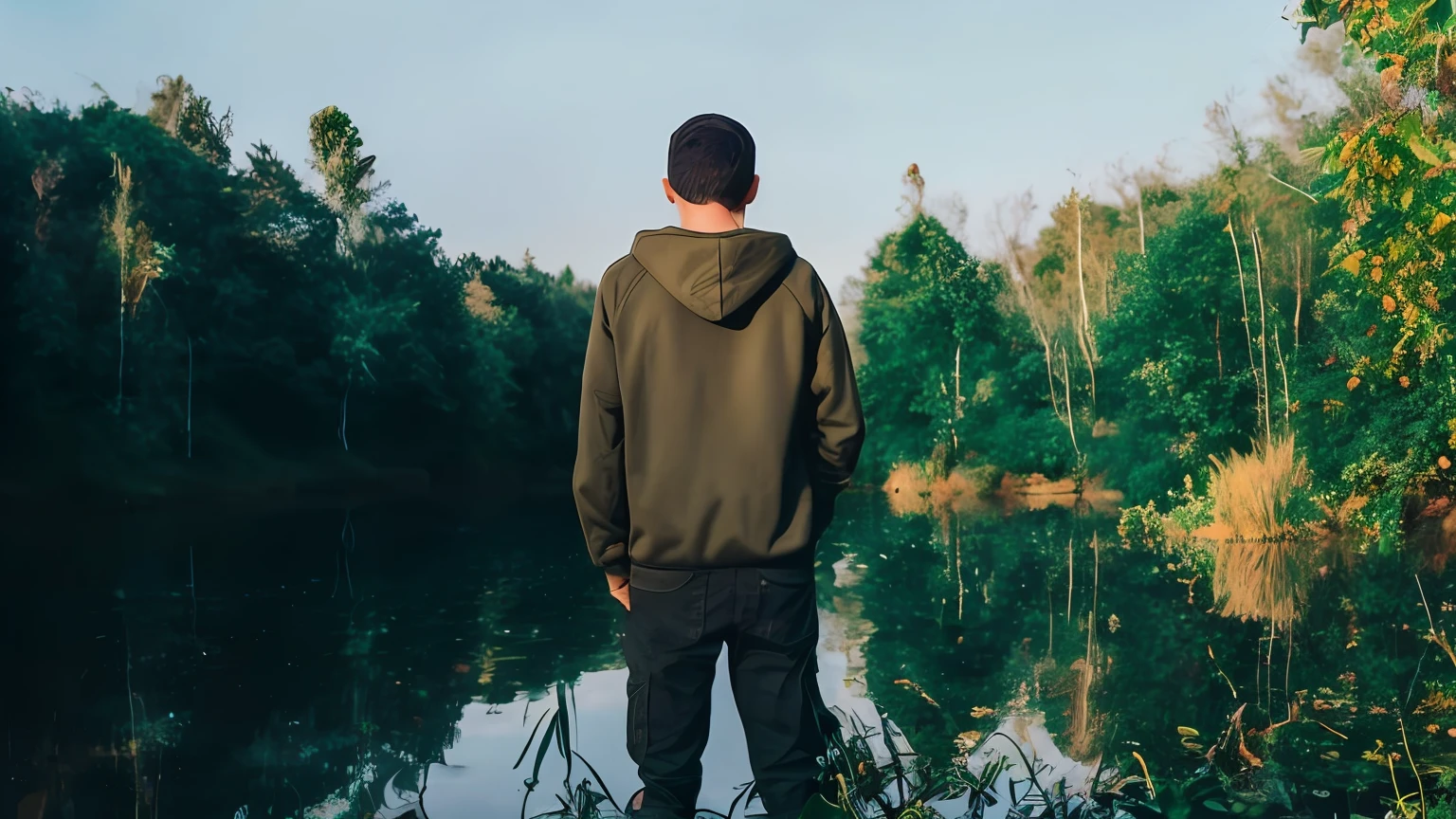 arafed boy standing on a rock looking out over a lake, standing next to water, standing in a lake, standing in a pond, gazing at the water, perto de um lago, no meio de um lago, sentado em uma lagoa, standing on the water ground, sentado em frente a um lago, standing in shallow water, standing in a forest