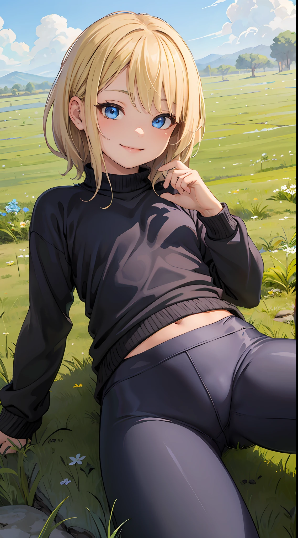 best quality, masterpiece, small breasts, smile, sweatshirt, leggings, outdoors, anime style, grass field, daytime, blue sky, blue eyes, detailed eyes, medium hair, blonde hair, loose hair, bangs, lying down,