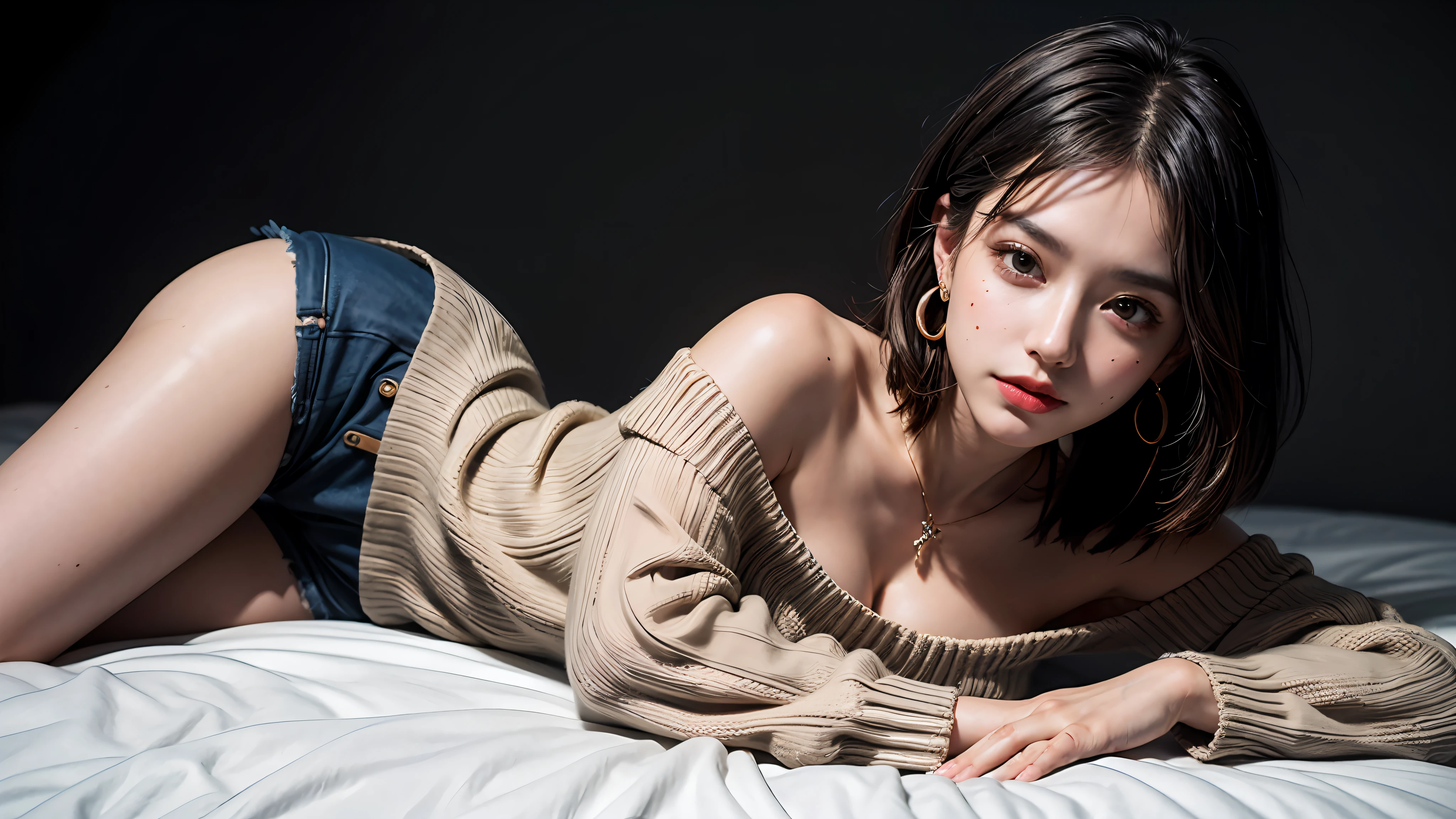 (short hair woman), (off-shoulder sweater, oversized sweater), (hiden short pants), (cross-legged sitting, hands lying on thighs), on bed, medium breasts, deep cleavage, best quality, masterpiece, illustration, very delicate and beautiful, very detailed skin, CG, Unity, 8K wallpapers, amazing, fine detail, highly detailed CG Unity 8K wallpapers, huge file size, high resolution, handsome detailed woman, very detailed eyes and face, Stunning detailed eyes, light on the face, (Best illustration: 1.1), (best shadow: 1.1), ultra high resolution, (photorealistic: 1.1), (photorealistic 1.2:1.1), realistic face proportions,slim,smile,(fluffy black eyes: 1.21), black eyes, looking at the viewer, dark brown hair, earrings, necklaces, hairpins, full body shots, (irregular skin imperfections,veins,moles,skin wrinkles,pores: 1.2), (dark night background: 1.2), (bokeh: 1.4),
